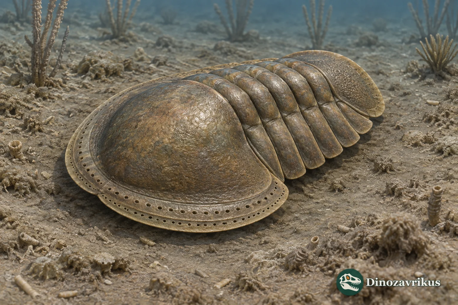 Blind Tretaspis trilobite with a broad pitted brim on a Late Ordovician seafloor