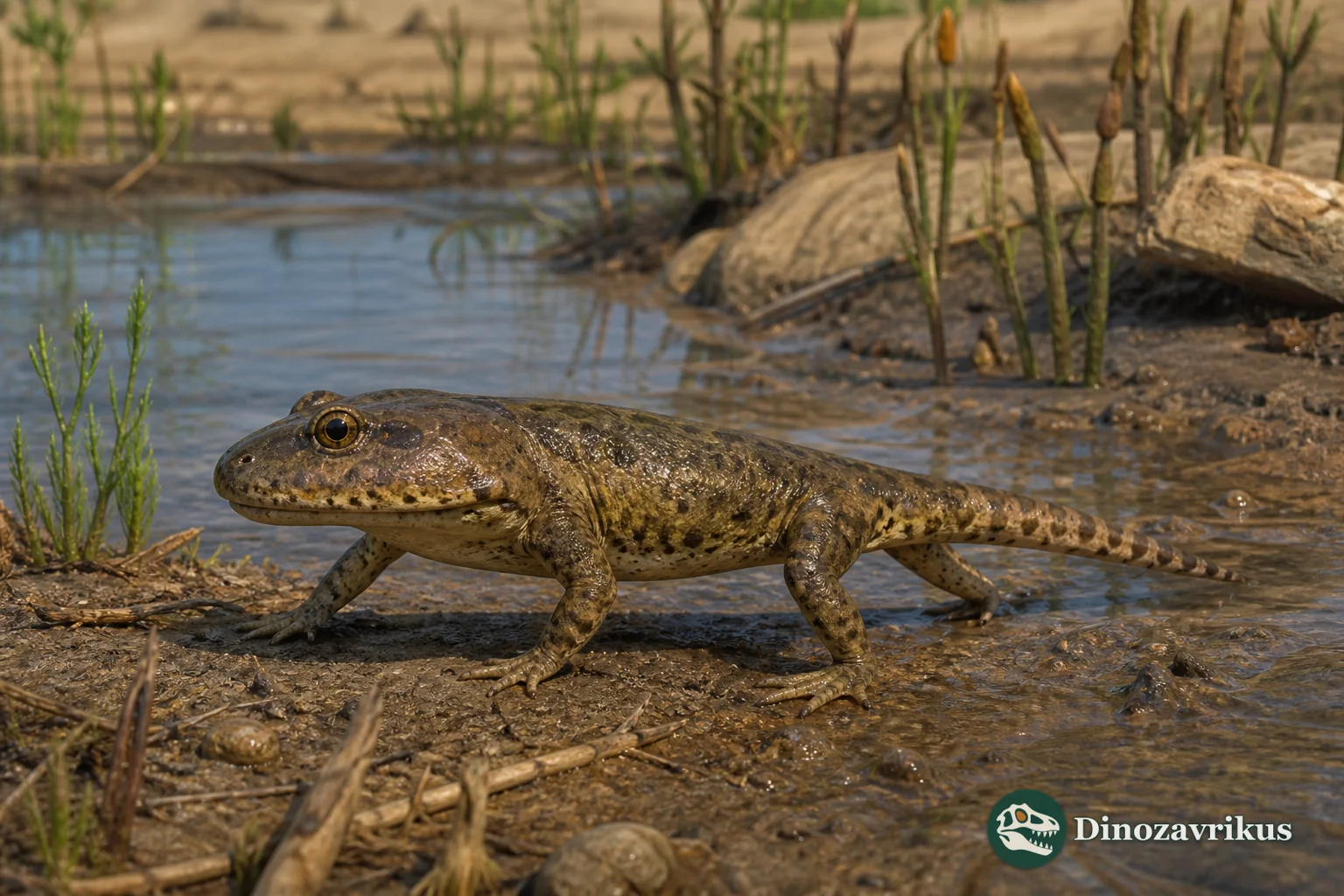 Triadobatrachus massinoti moving along a shallow Early Triassic lake margin in Madagascar