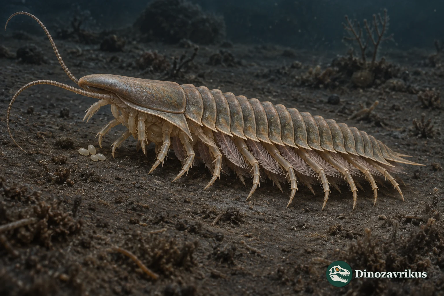 Triarthrus trilobite with preserved-style antennae, walking limbs and gill branches on an Ordovician seafloor