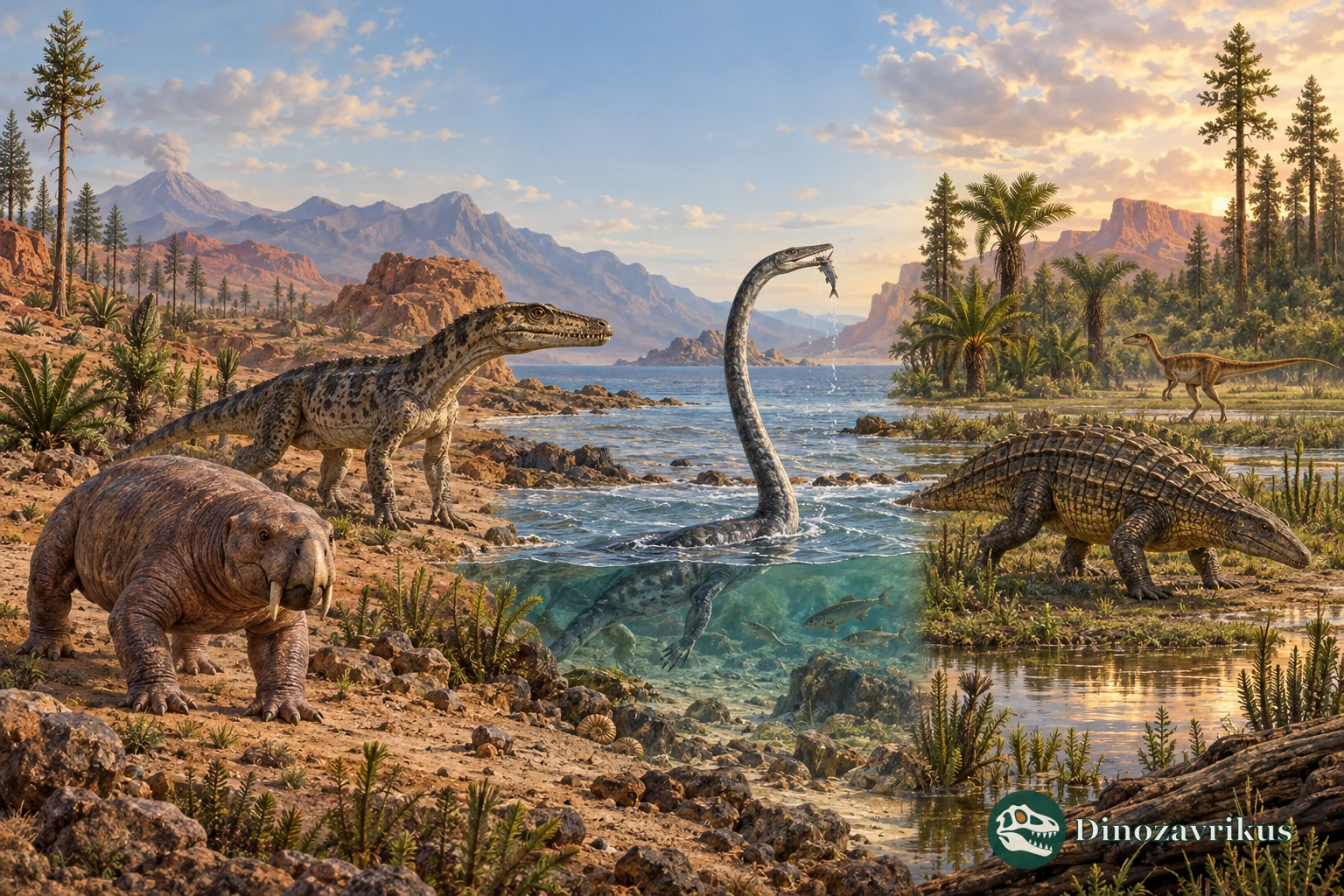 Composite reconstruction showing separate Early, Middle and Late Triassic animal communities