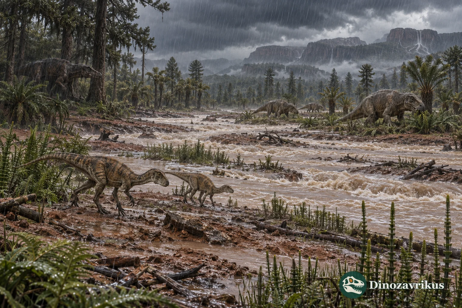 Flooded Carnian river plain with early dinosaur relatives during a wetter climatic interval