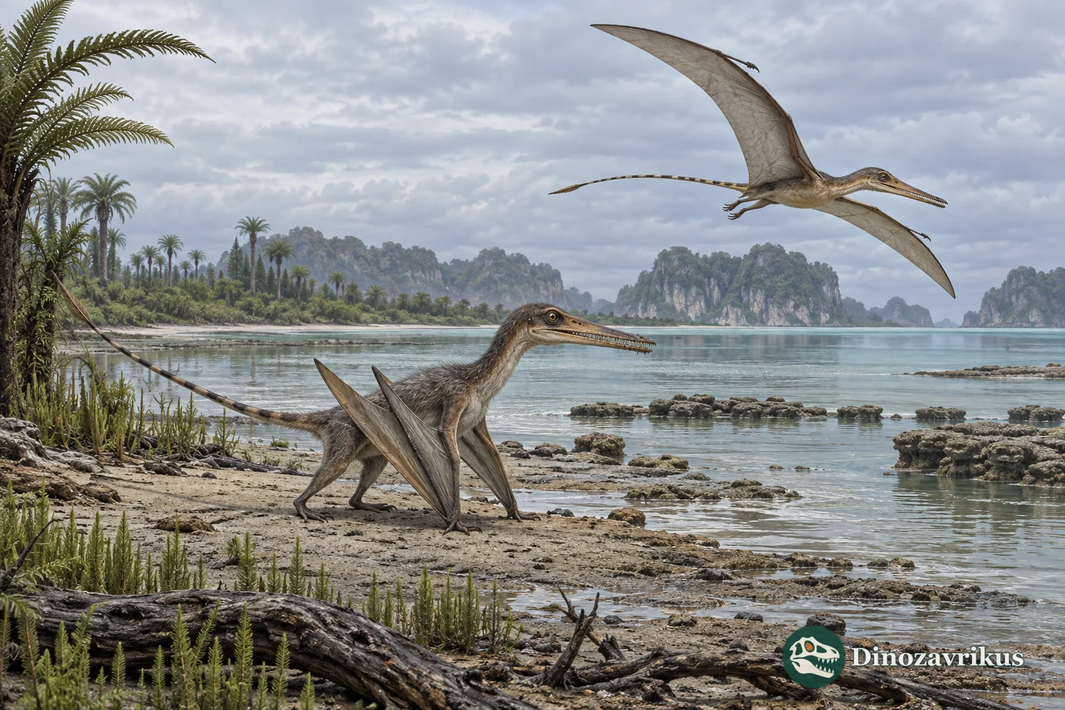 Small long-tailed early pterosaurs beside a Late Triassic coastal lagoon