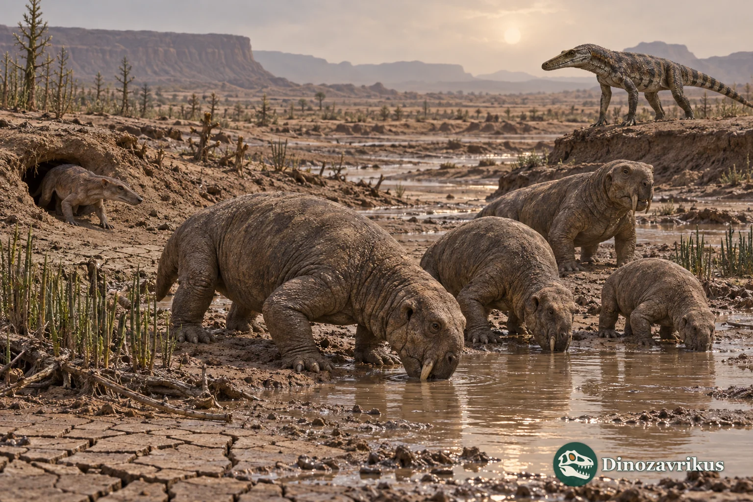 Early Triassic Karoo floodplain with Lystrosaurus, Thrinaxodon and Proterosuchus