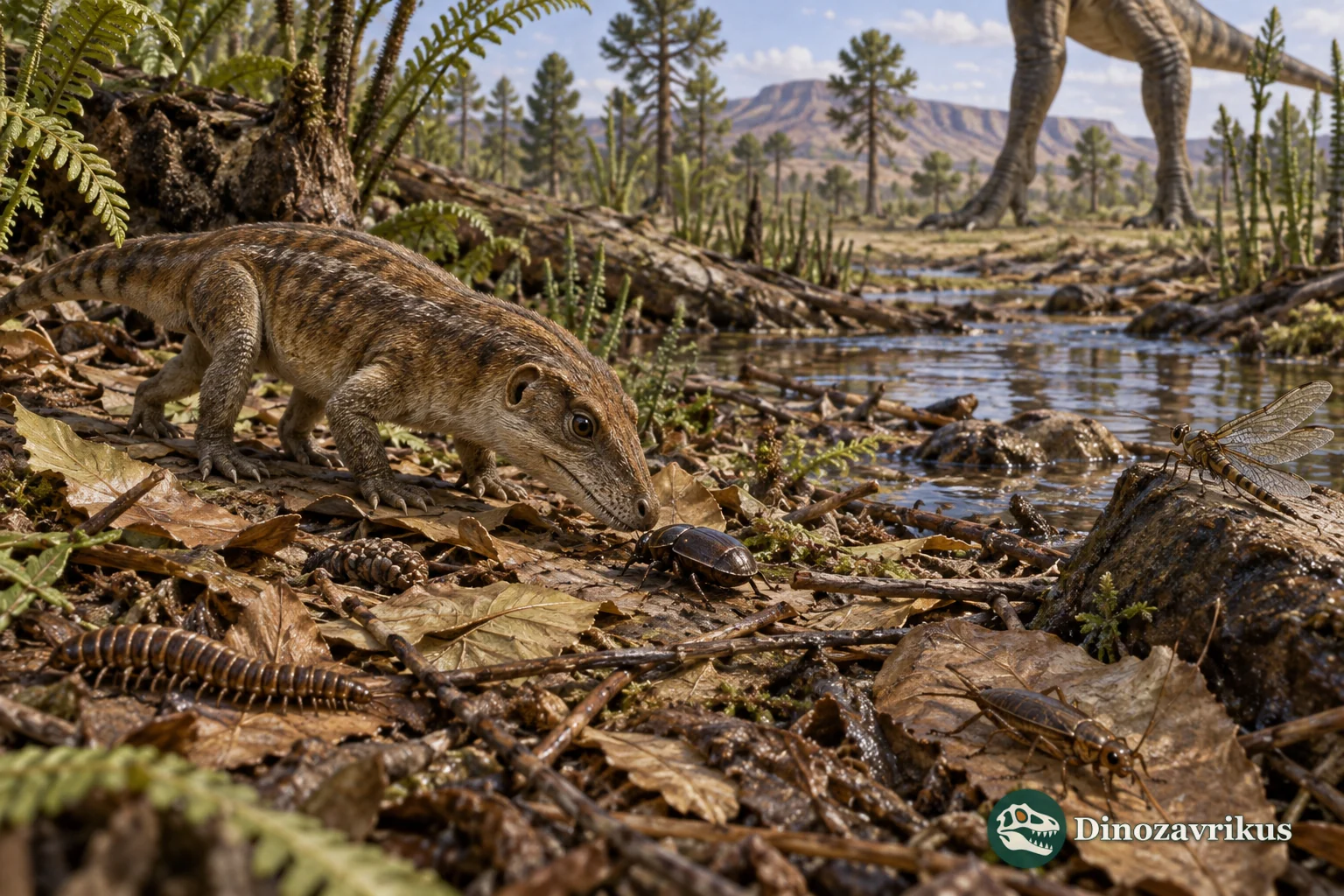 A small cynodont and insects forage in Triassic leaf litter beside a stream