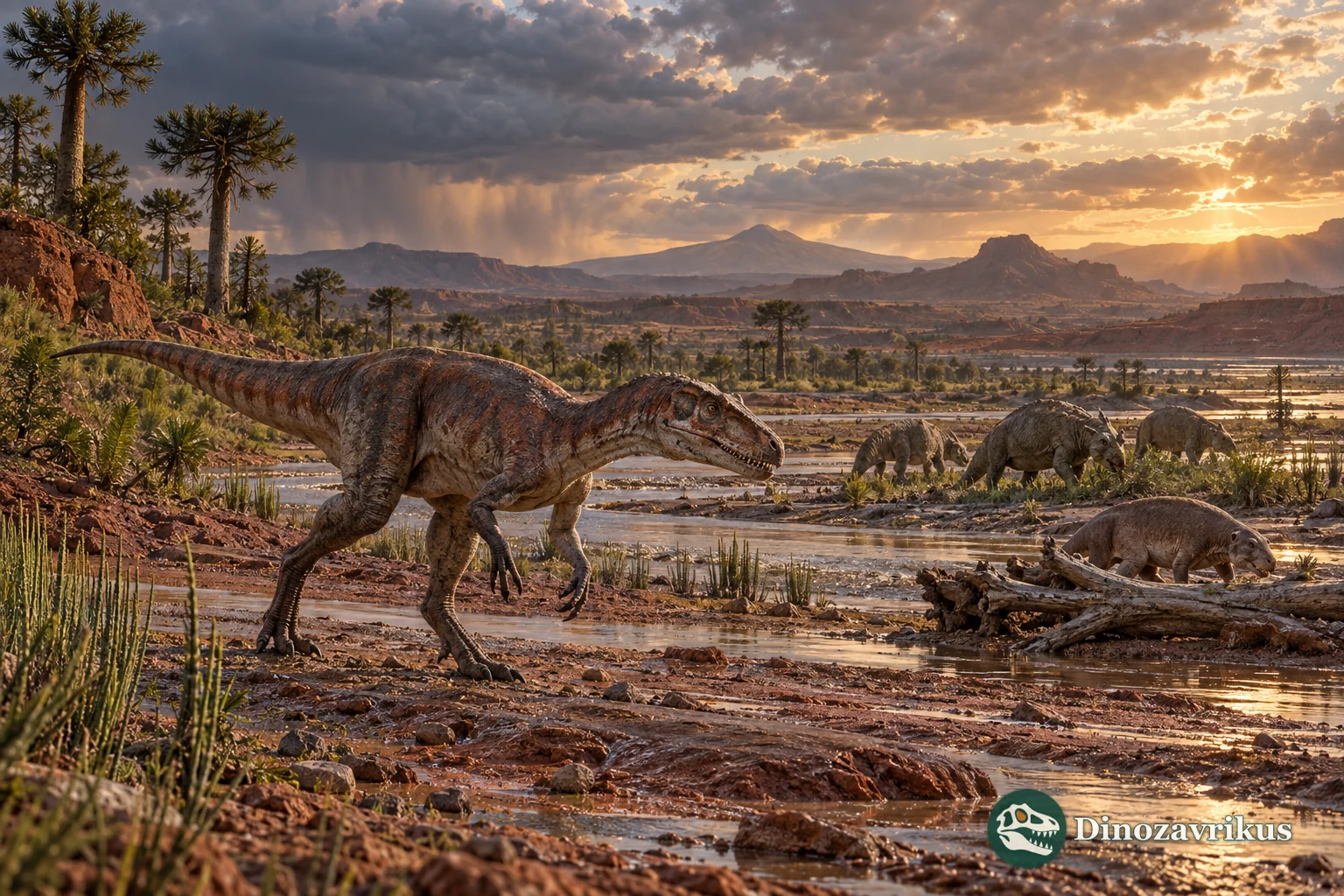 Late Triassic floodplain with Herrerasaurus, rhynchosaurs and a small cynodont
