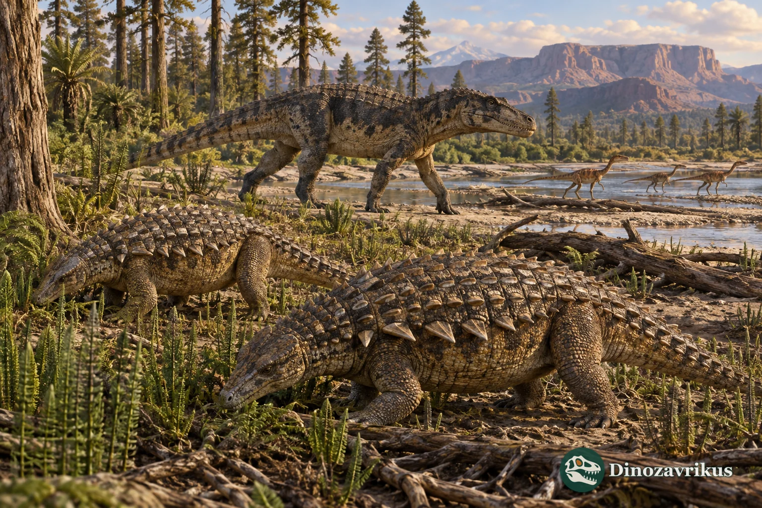 Late Triassic floodplain with armoured aetosaurs, a large pseudosuchian and small dinosaurs