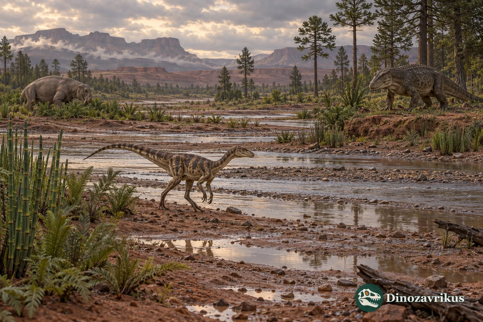 Late Triassic river plain with small early dinosaurs and other archosaurs