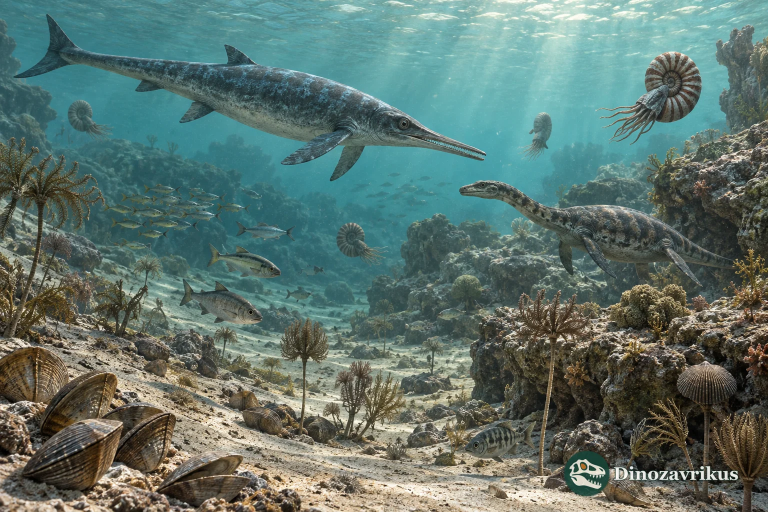 Ichthyosauriform, nothosaur, ammonites, fish and bottom animals in a recovering Triassic sea