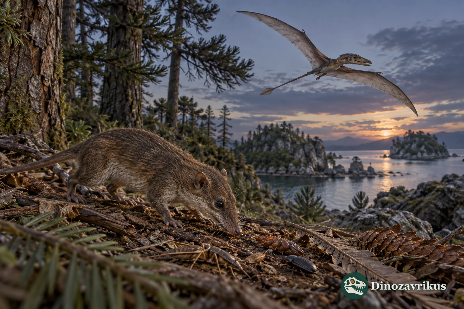 Small nocturnal mammaliaform and long-tailed pterosaur in a Late Triassic setting
