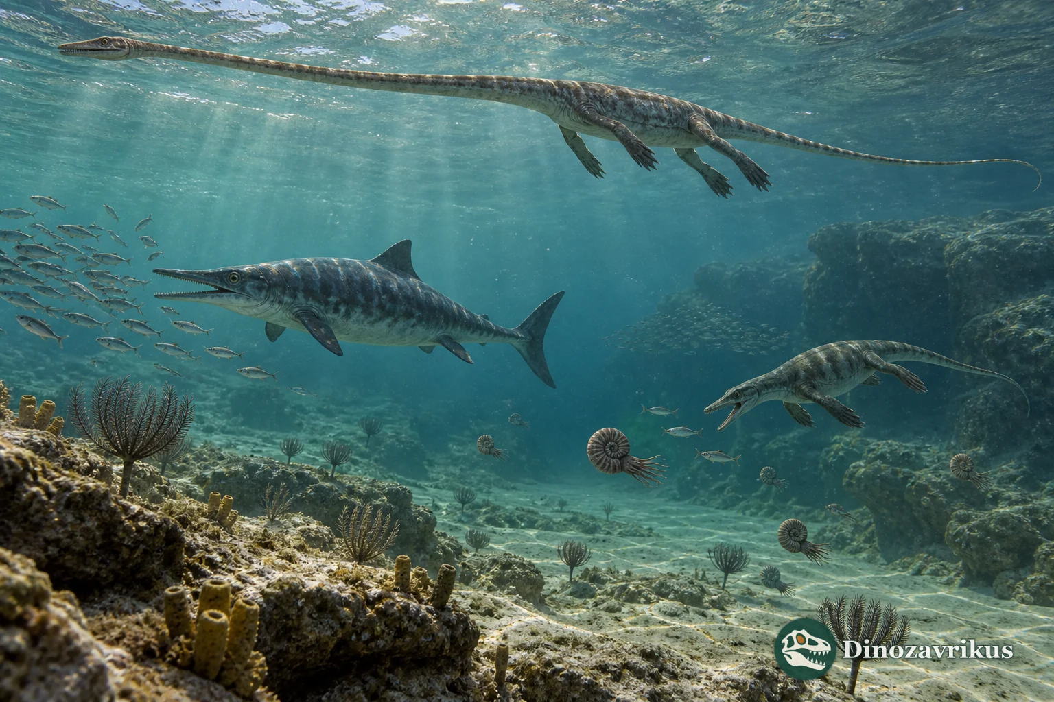 Middle Triassic Tethys sea with Tanystropheus, an ichthyosaur, a nothosaur and ammonoids