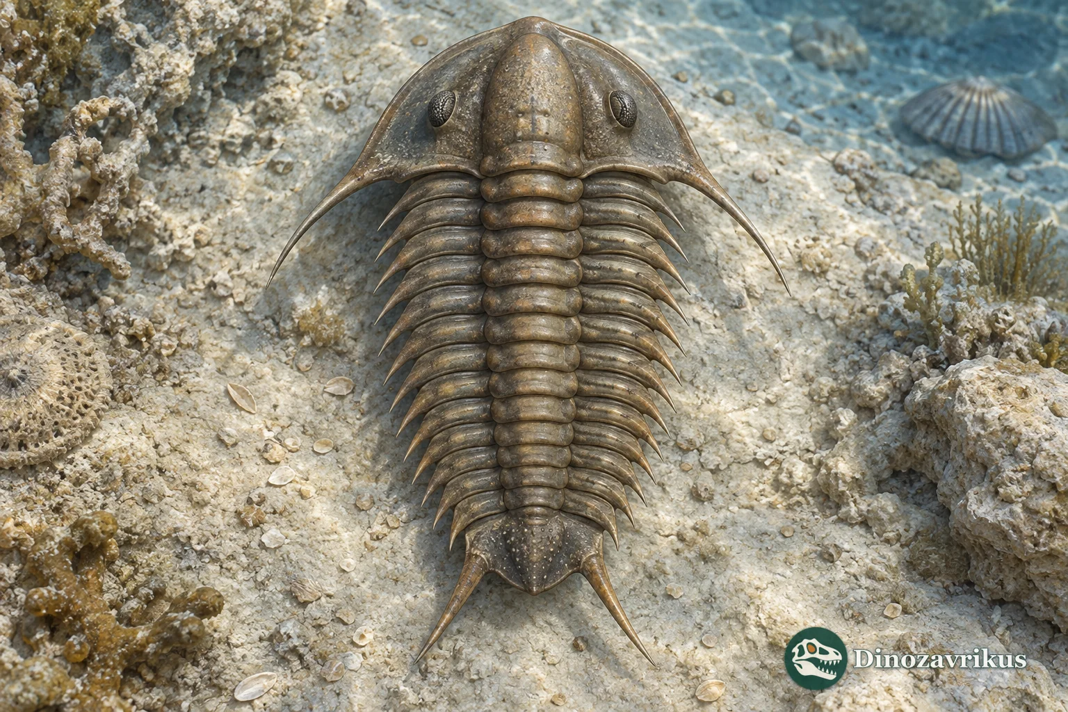 Dorsal reconstruction of Tricrepicephalus texanus with paired pygidial spines on a Cambrian seafloor