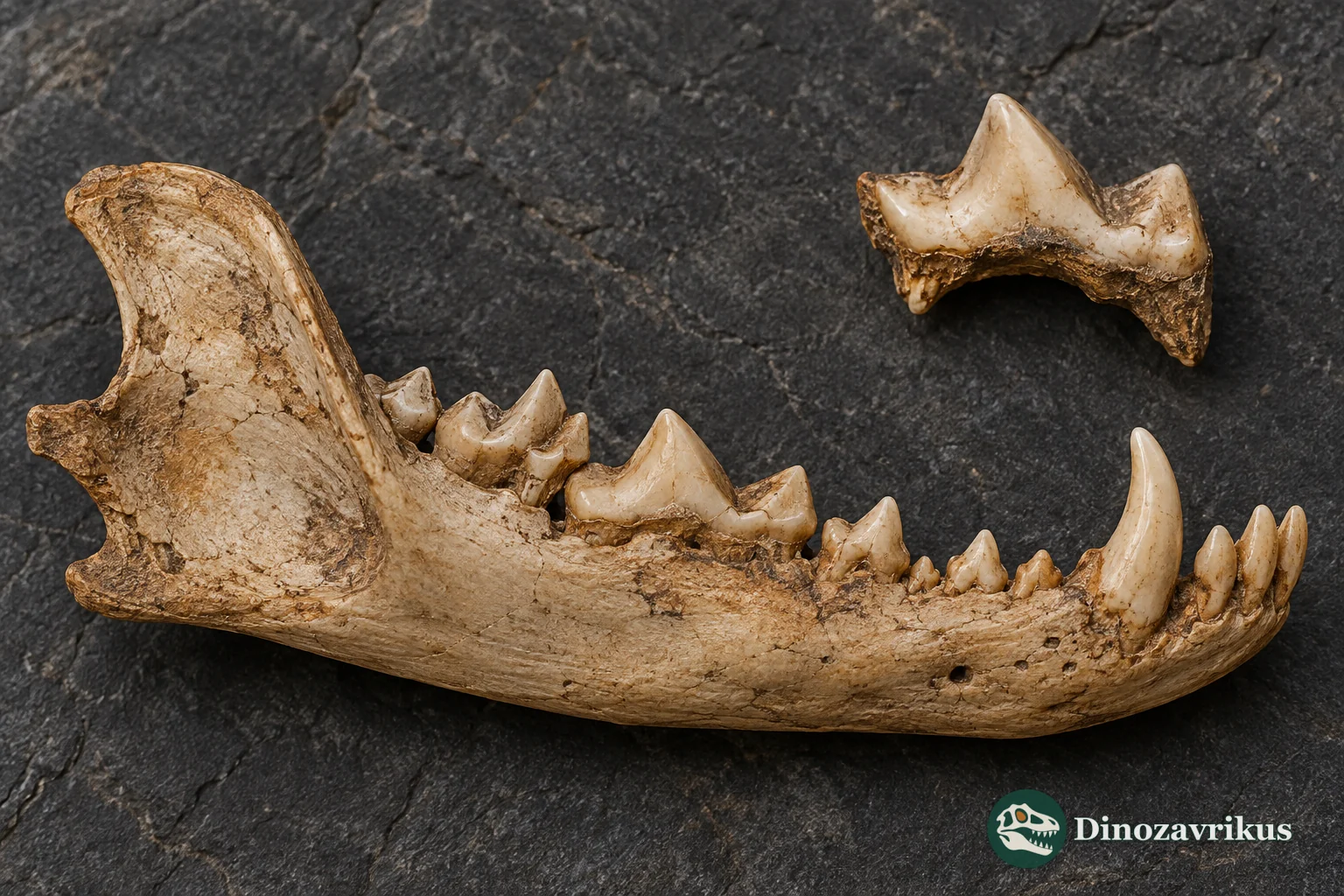Illustrative fossil jaw and carnassial of a small mustelid