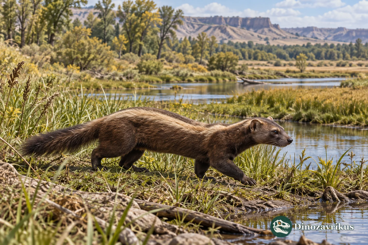 Artistic reconstruction of a grison-like Trigonictis beside a Pliocene wetland