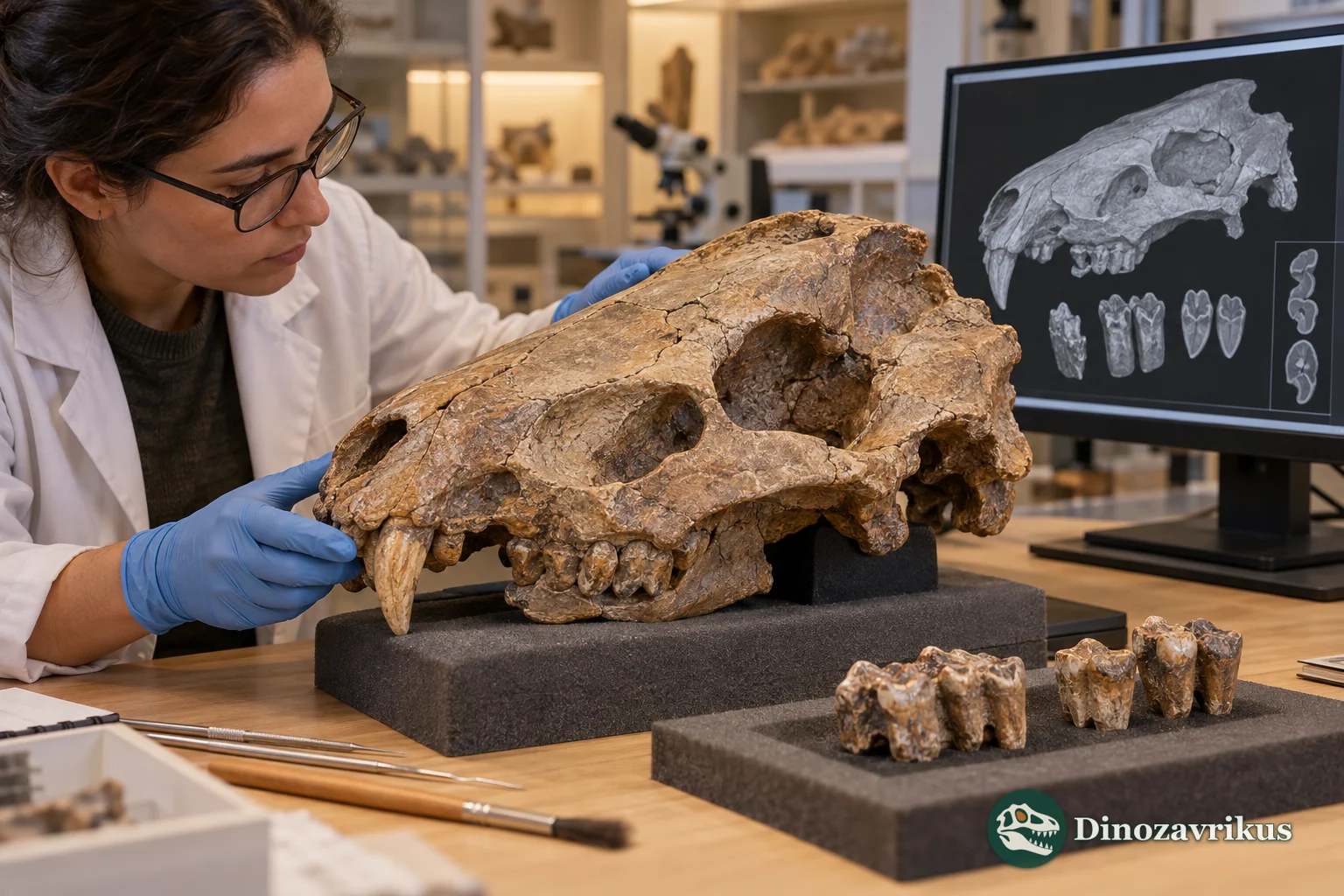 Conceptual research scene with an Eocene astrapothere skull and CT comparison