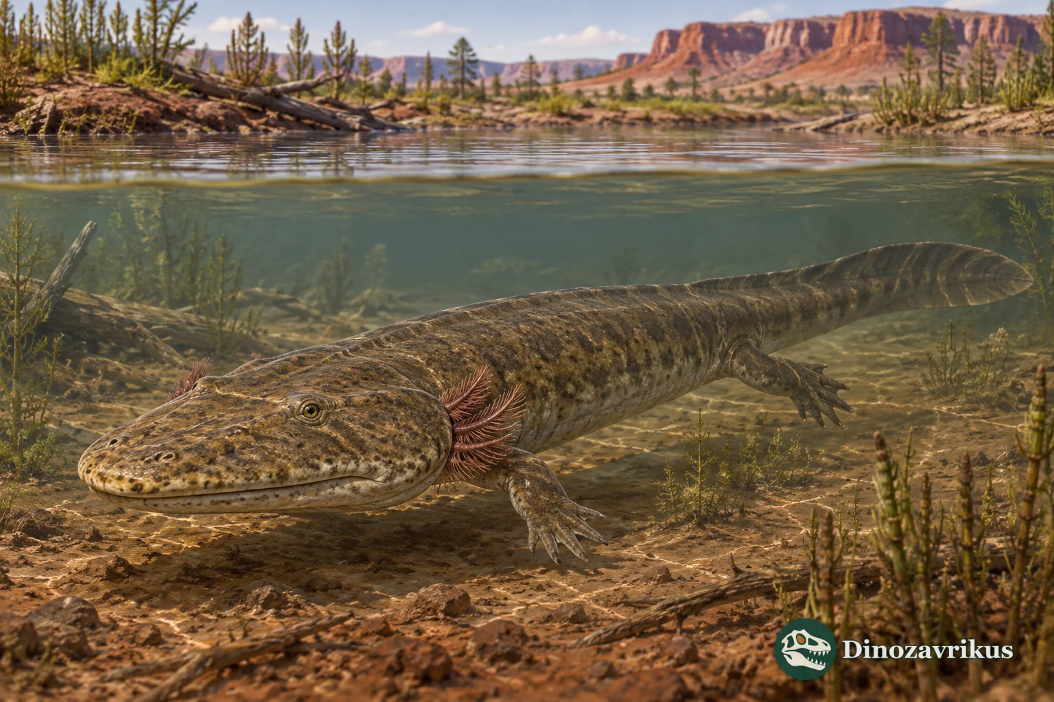 Trimerorhachis insignis swimming through a shallow Early Permian floodplain pond