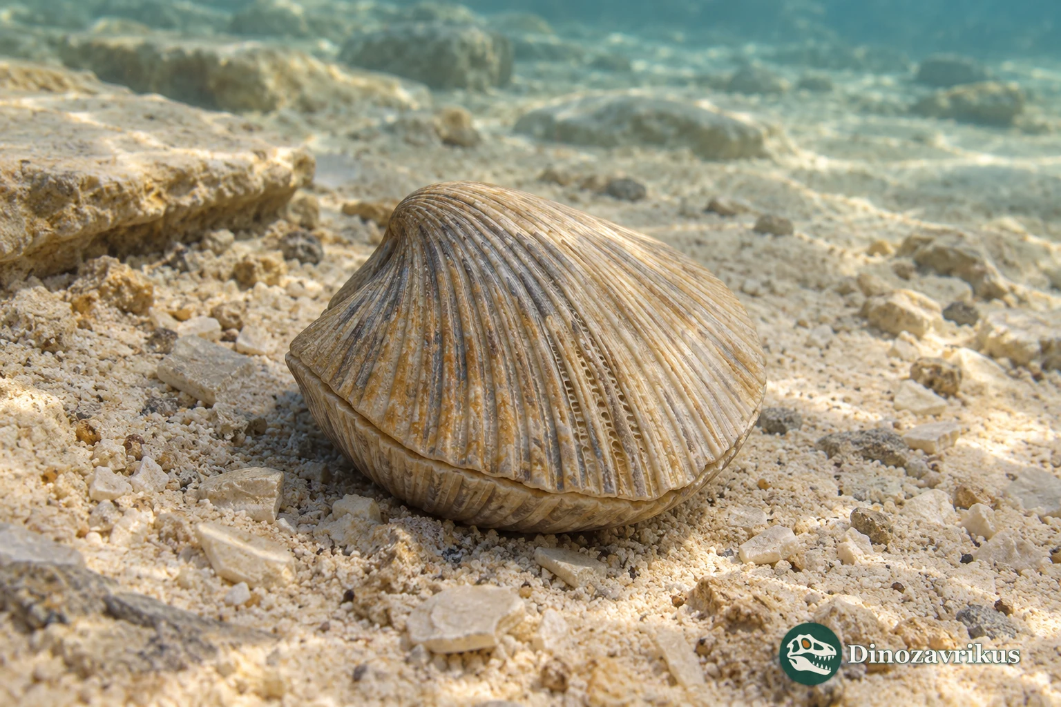 Artistic reconstruction of a ribbed Tritoechia shell on an Ordovician seafloor