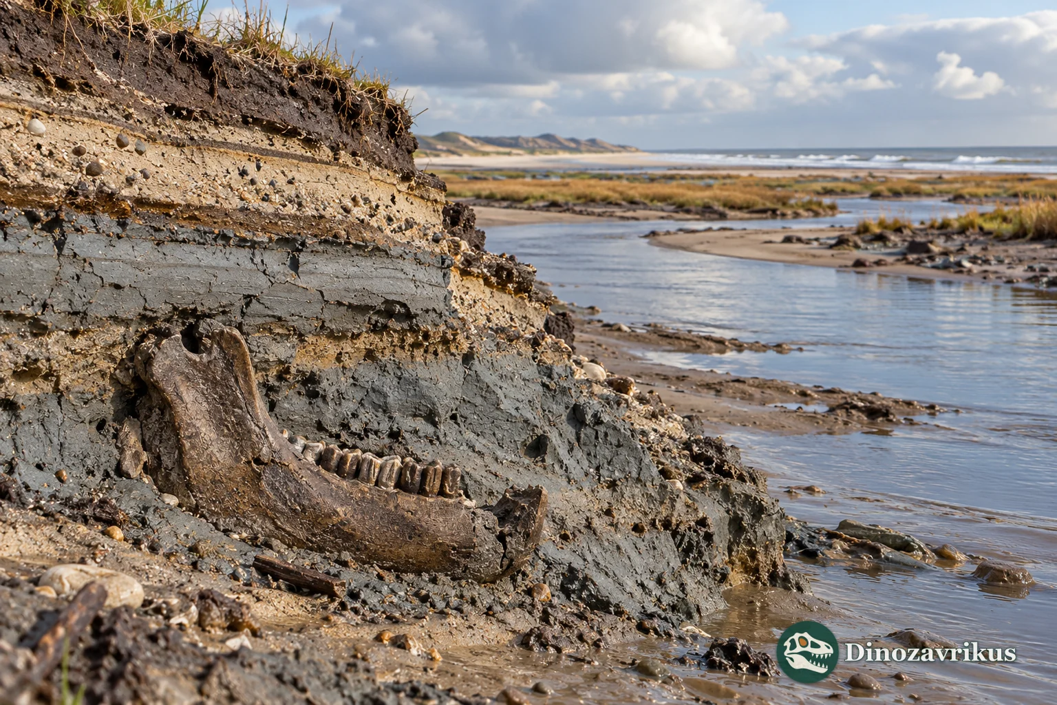 Illustrative fossil jaw in a river and coastal sediment section