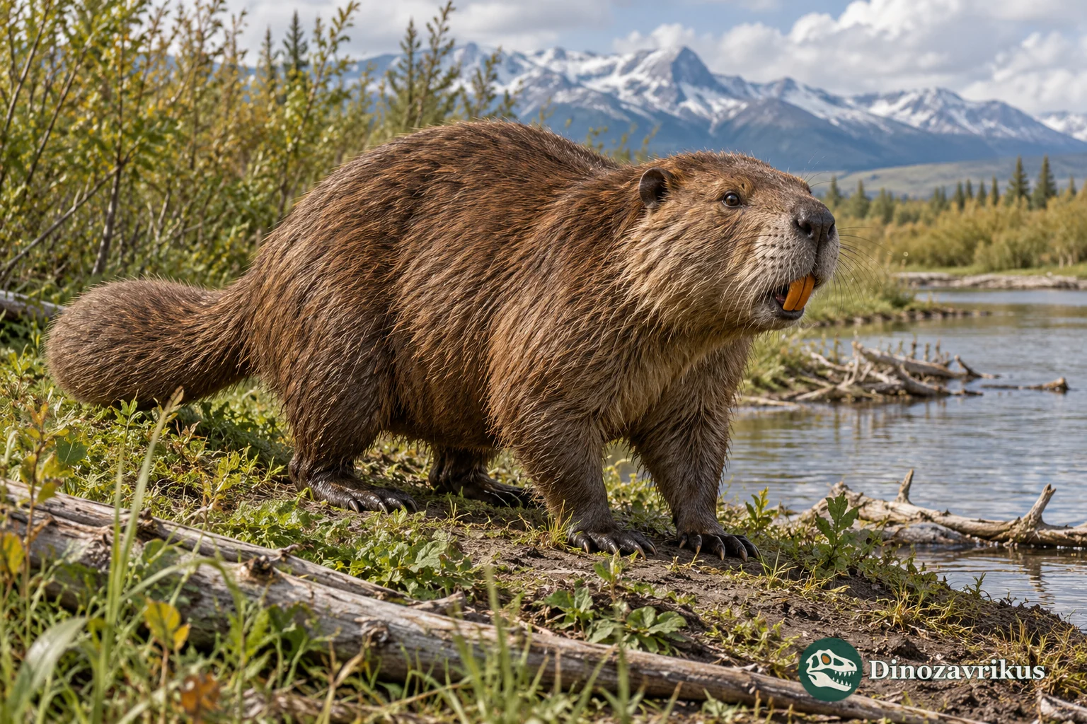 Artistic reconstruction of Trogontherium on a Pleistocene riverbank