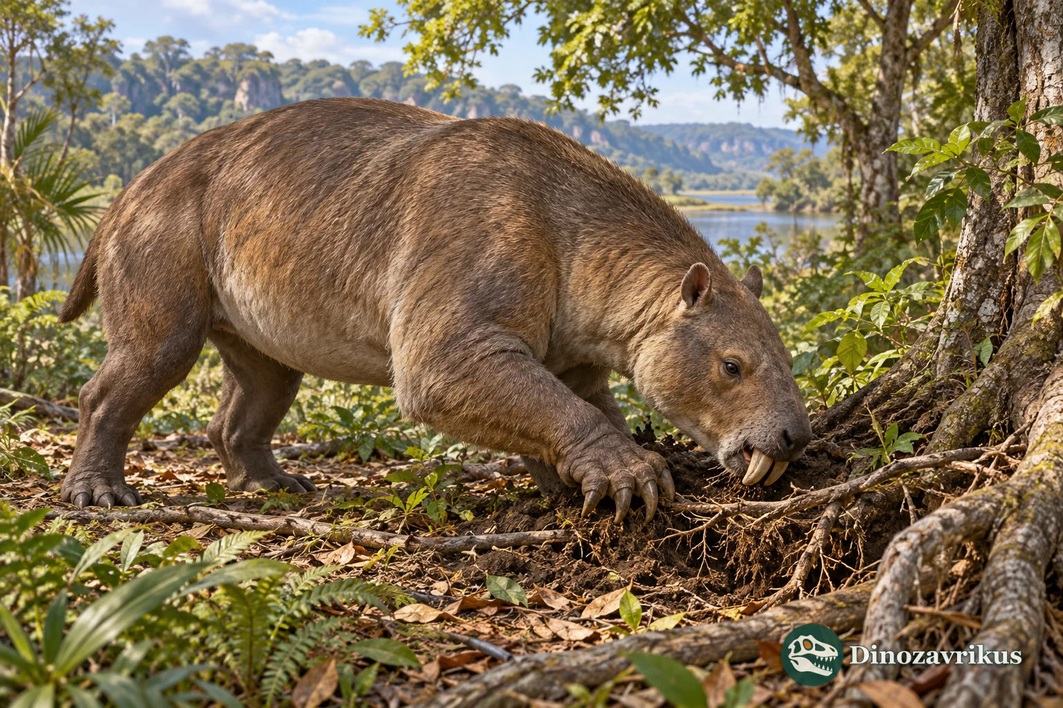 Artistic reconstruction of Trogosus digging near exposed woodland roots
