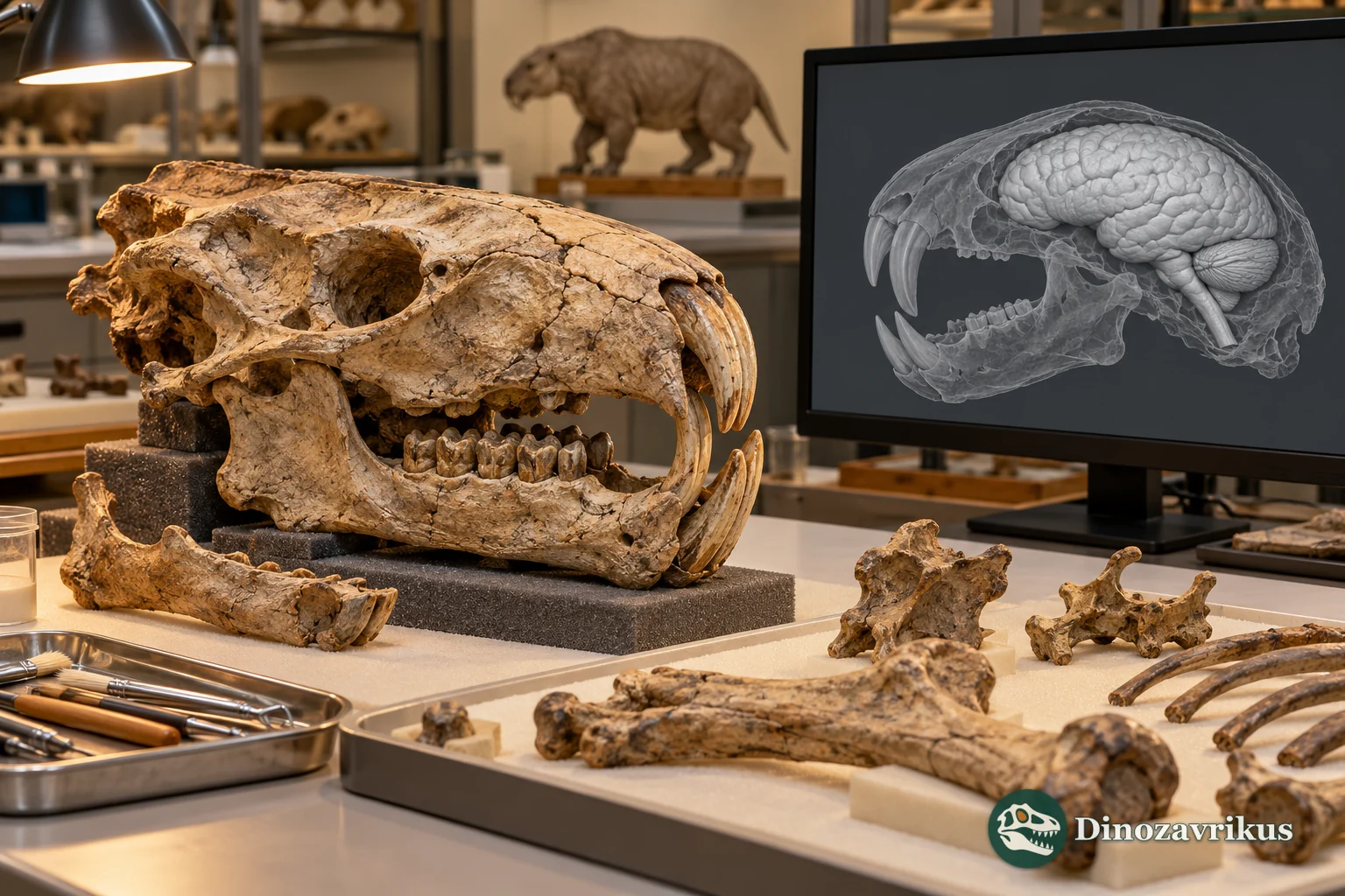 Conceptual museum study scene with a tillodont skull and a CT endocast visualization