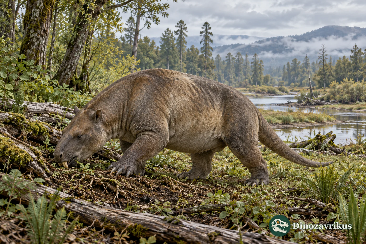 Artistic reconstruction of Trogosus foraging among roots in a middle Eocene North American woodland