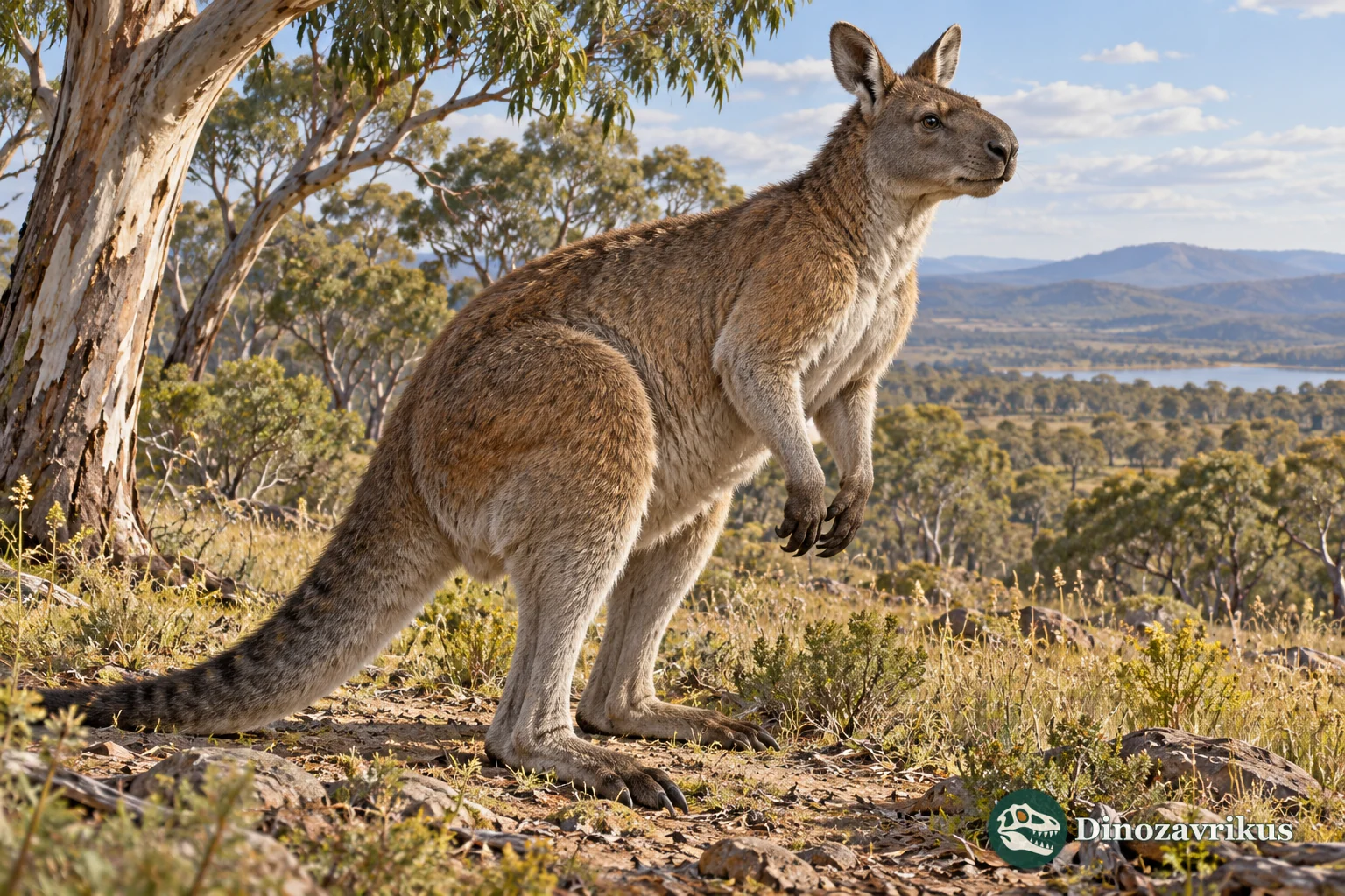 Artistic reconstruction of a fossil sthenurine kangaroo in Australian woodland