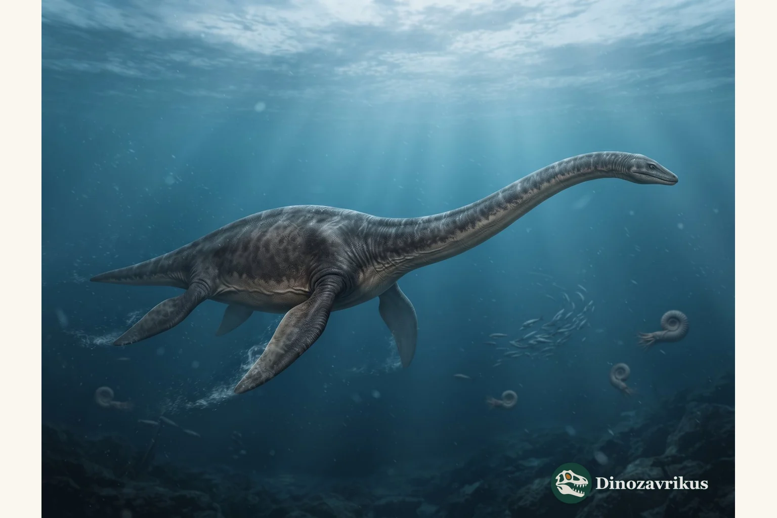 Tuarangisaurus swimming through a Late Cretaceous sea near New Zealand