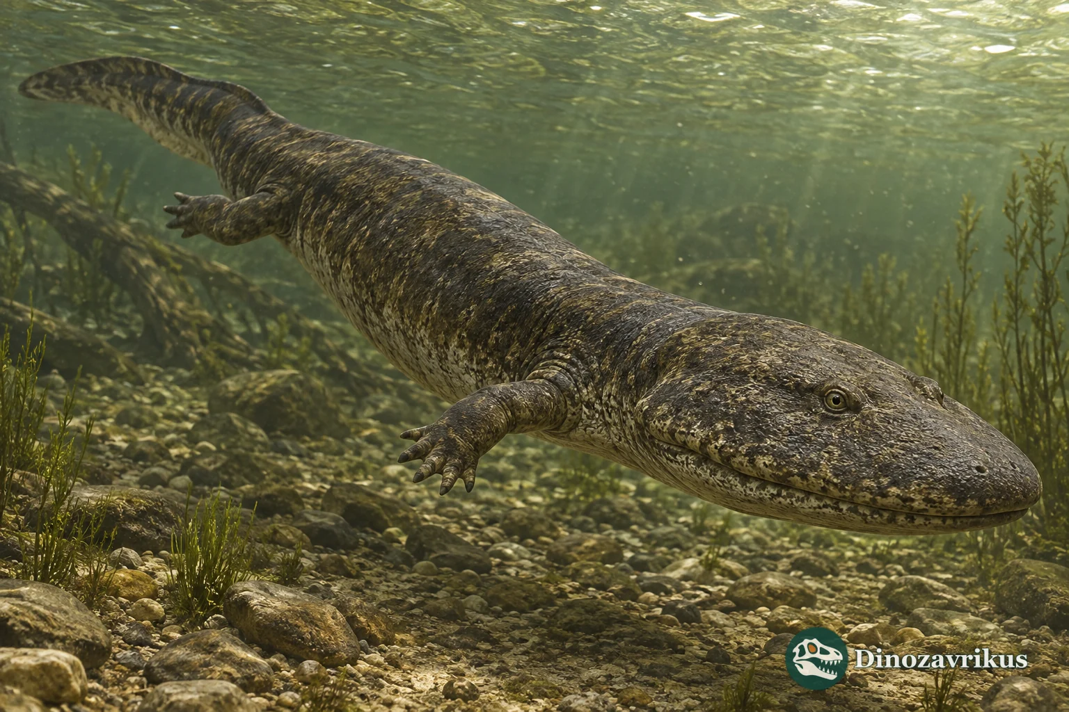 Tupilakosaurus swimming underwater in a shallow Early Triassic freshwater basin