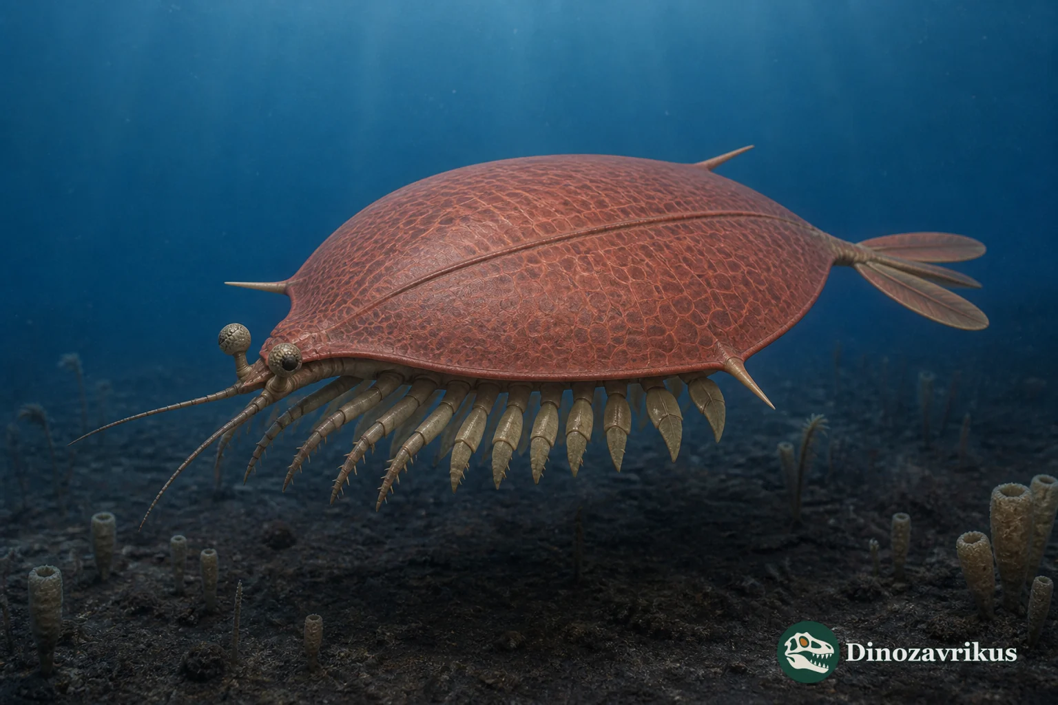 Reconstruction of Tuzoia with a reticulated two-valved carapace and swimming limbs over the Cambrian seafloor