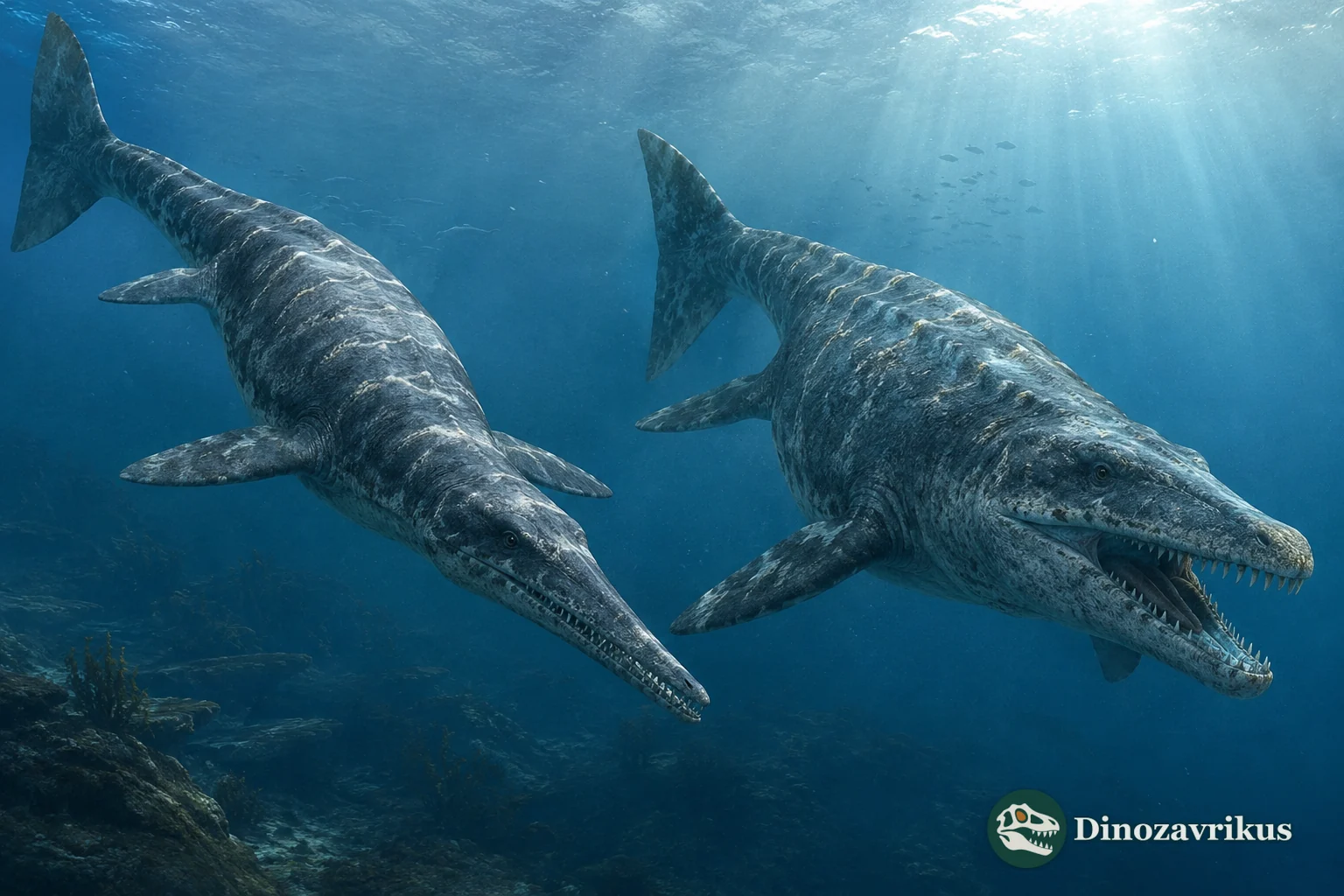 Illustrative underwater comparison of two mosasaurid marine reptiles with different skull profiles