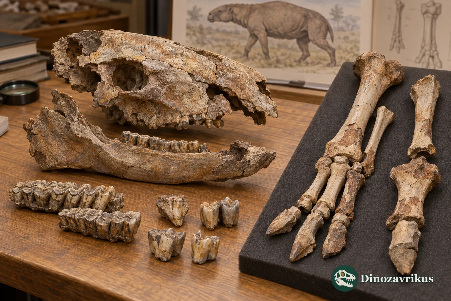 Conceptual study arrangement of mesotheriid skull fragments, teeth and limb bones
