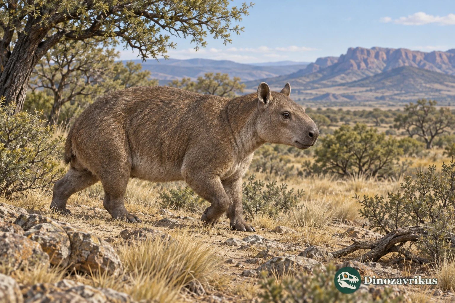 Artistic reconstruction of a mesotheriid Typotheriopsis in a late Miocene Argentine landscape