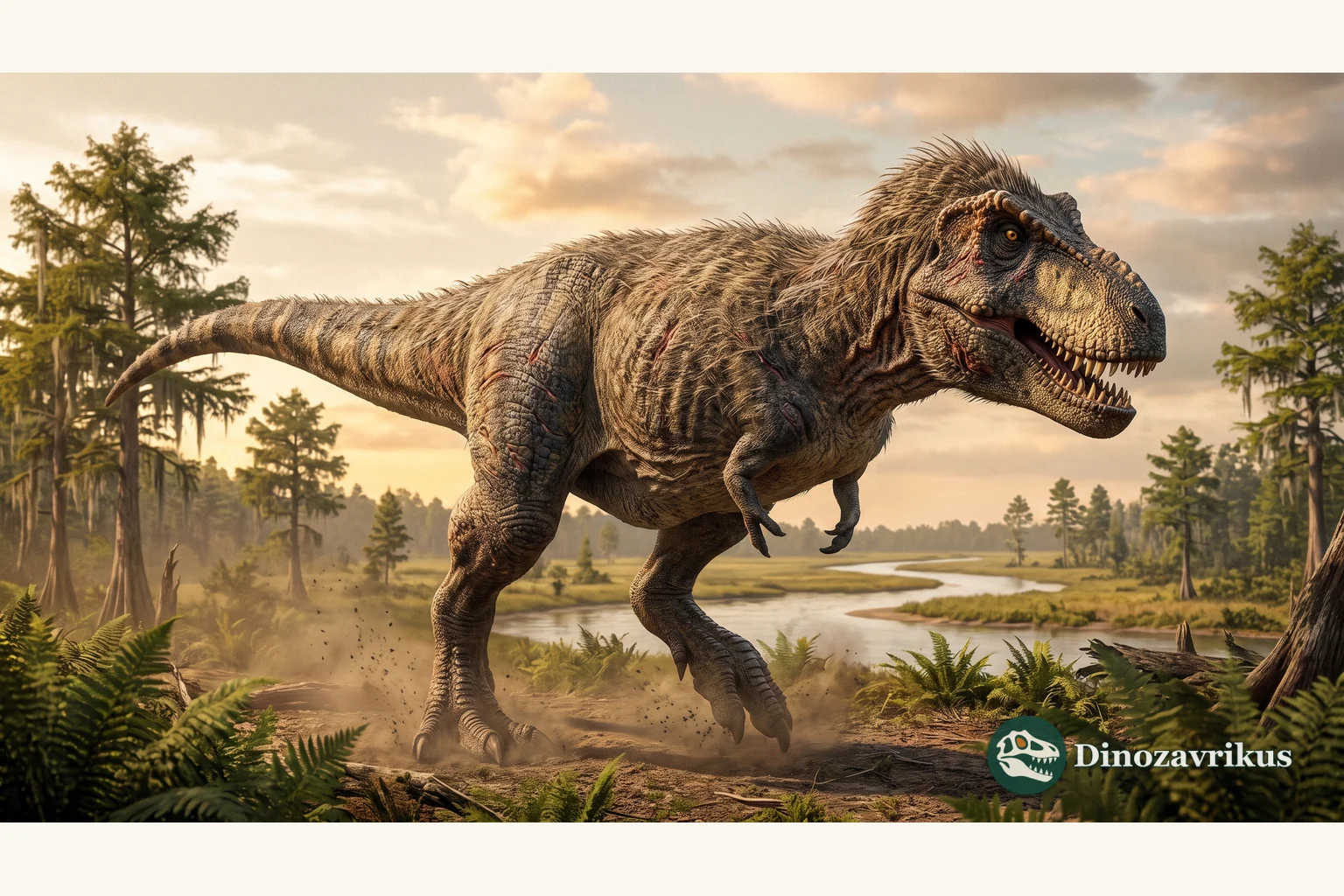 Tyrannosaurus rex reconstructed in a Late Cretaceous landscape