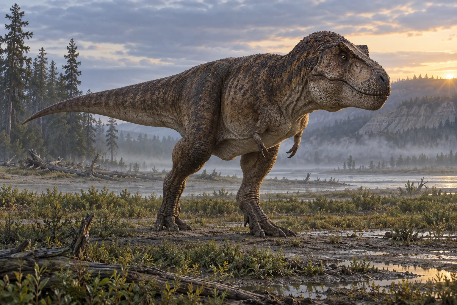 Artist's reconstruction of an adult Tyrannosaurus rex on a Late Cretaceous floodplain