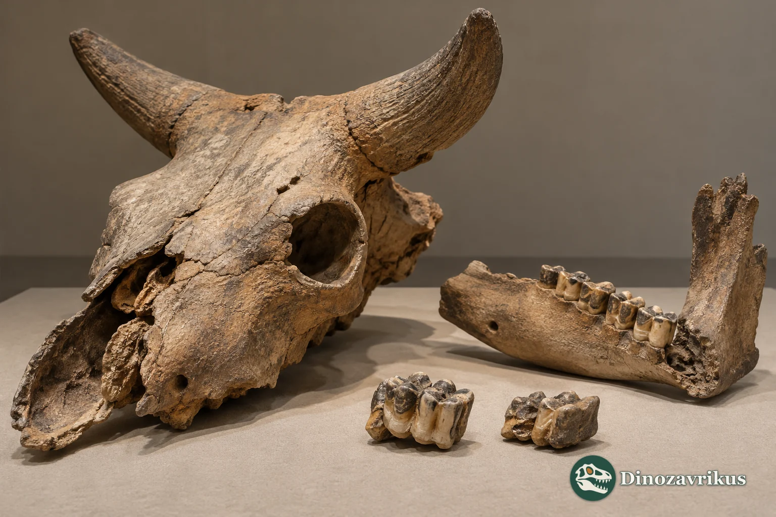 Conceptual display of ancient bovin cranial and dental fossils