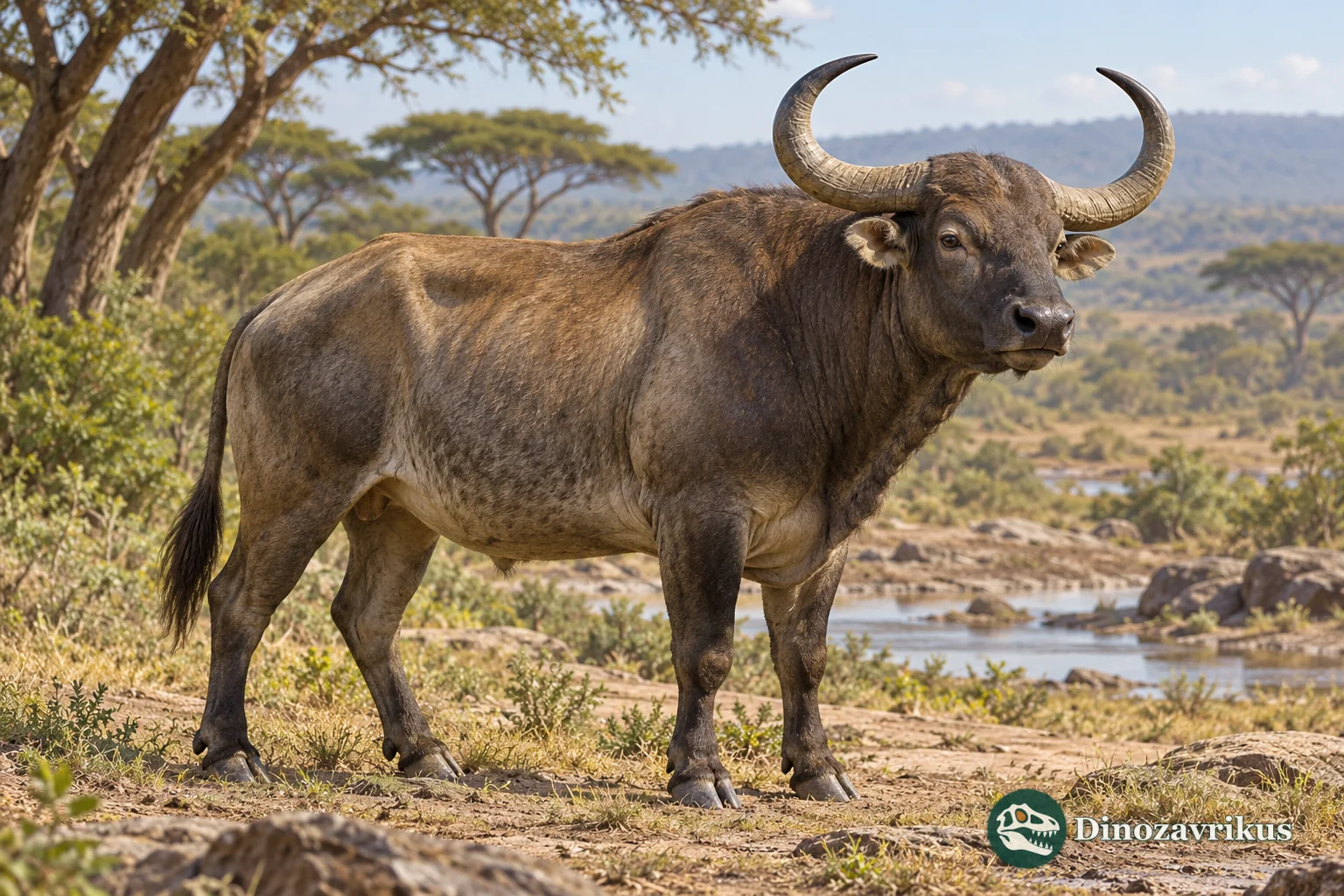 Artistic reconstruction of an extinct African bovin in a Pliocene landscape