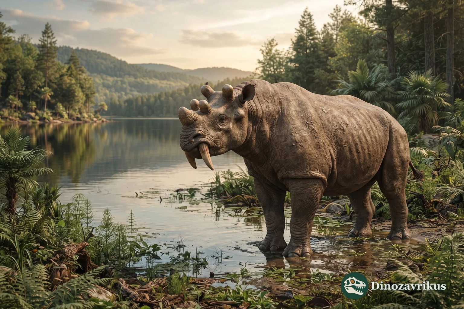 Reconstruction of Uintatherium standing beside an Eocene woodland lake