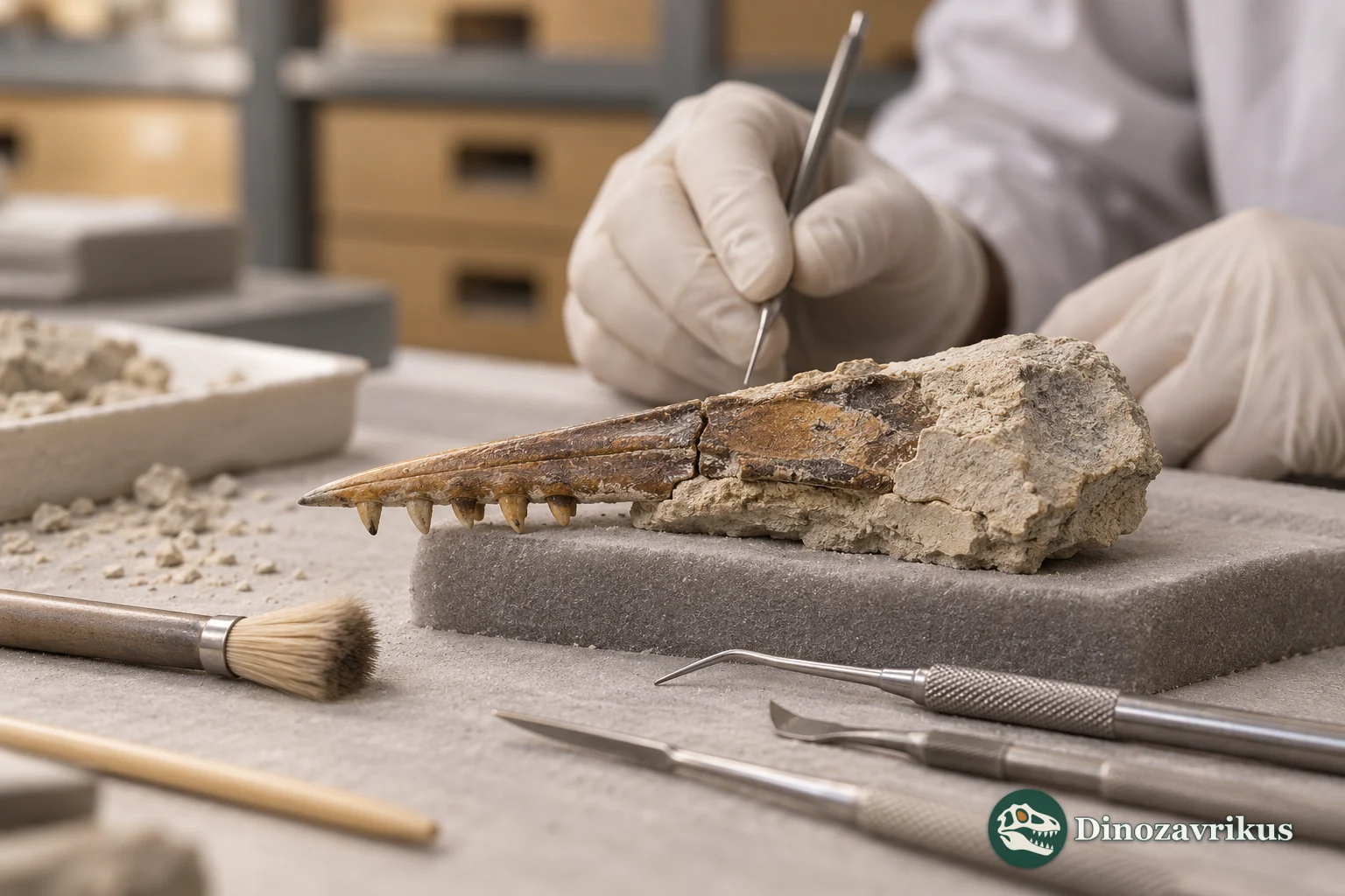 Illustrative reconstruction of a fossil jaw fragment being prepared in a laboratory