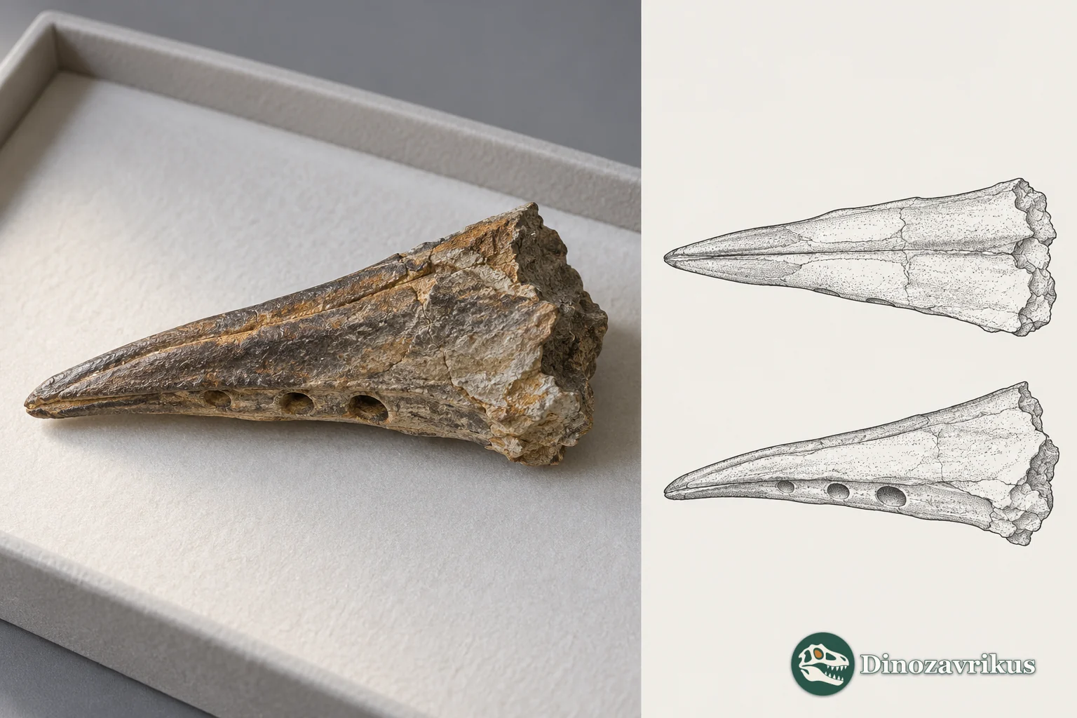 Interpretive study illustration of a fossil pterosaur snout beside schematic views