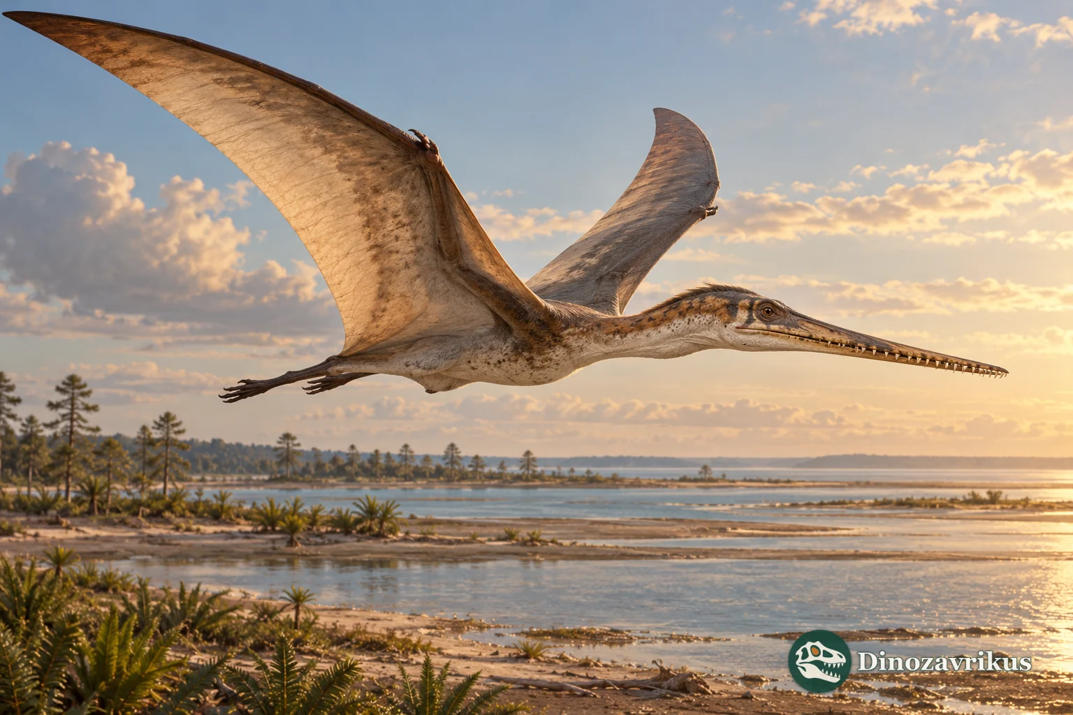 Interpretive reconstruction of an Early Cretaceous pterosaur over a coastal plain in Texas