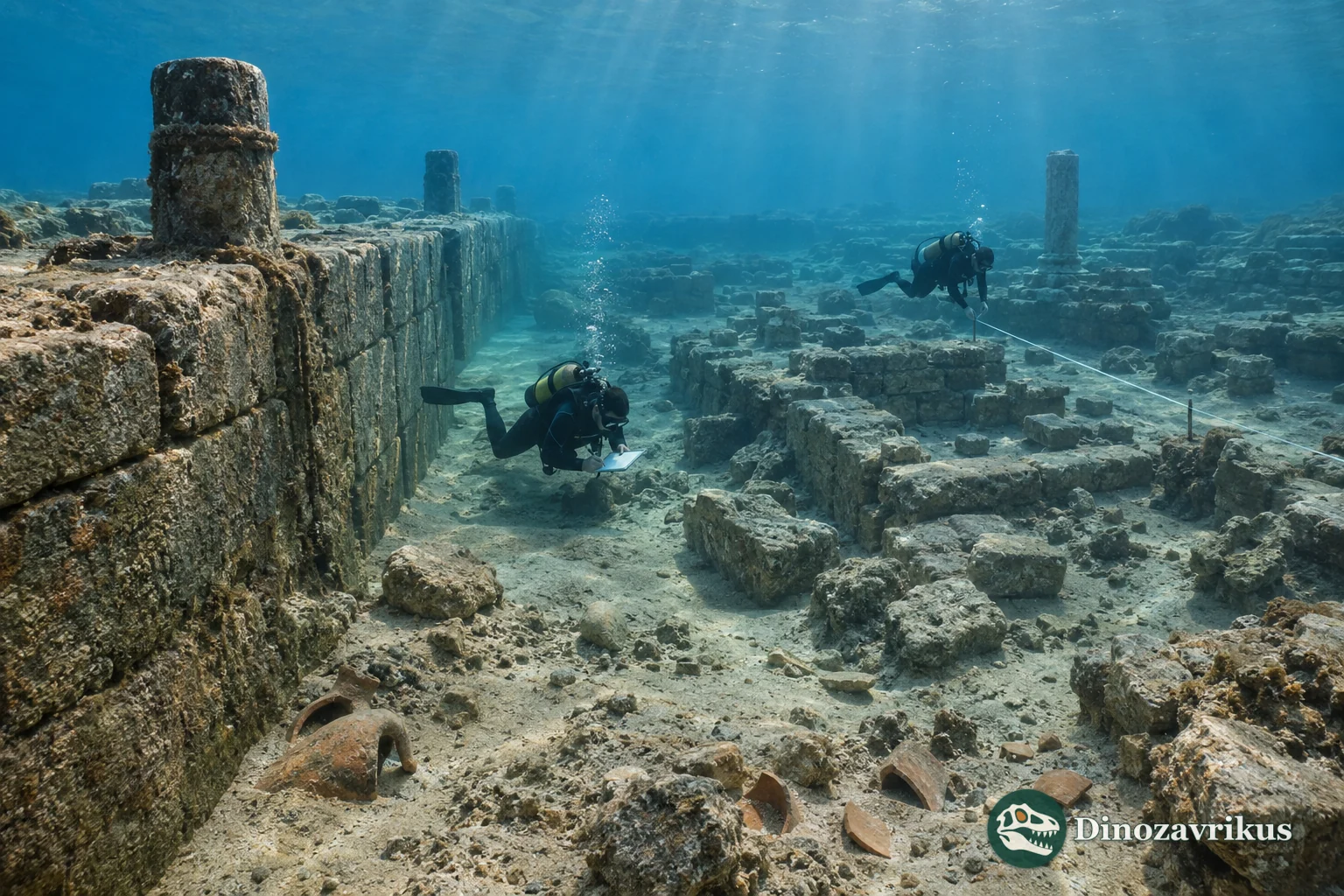 Archaeologists survey submerged stone harbour remains beneath clear water