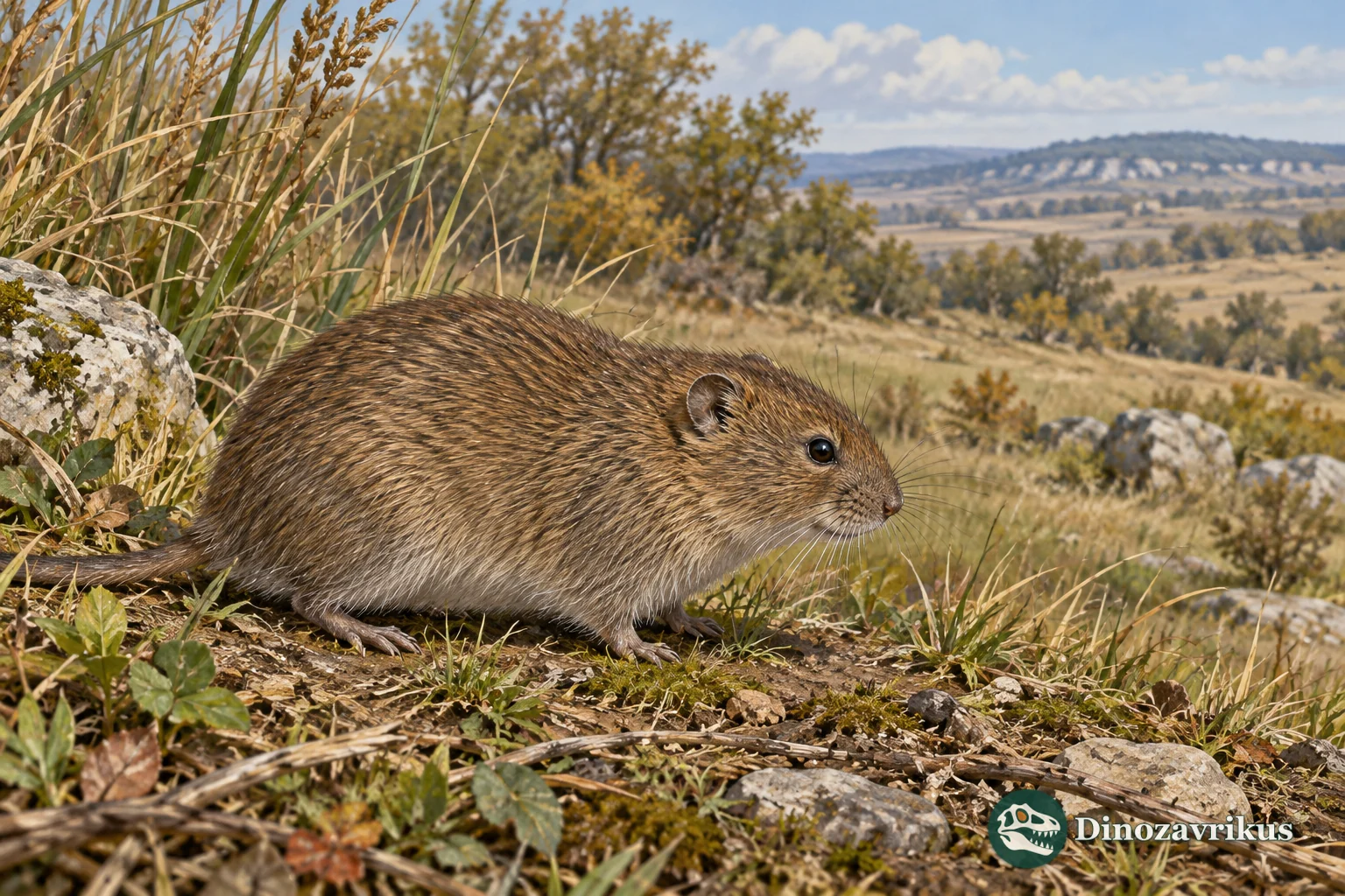 Artistic reconstruction of a small Ungaromys vole in an Early Pleistocene landscape