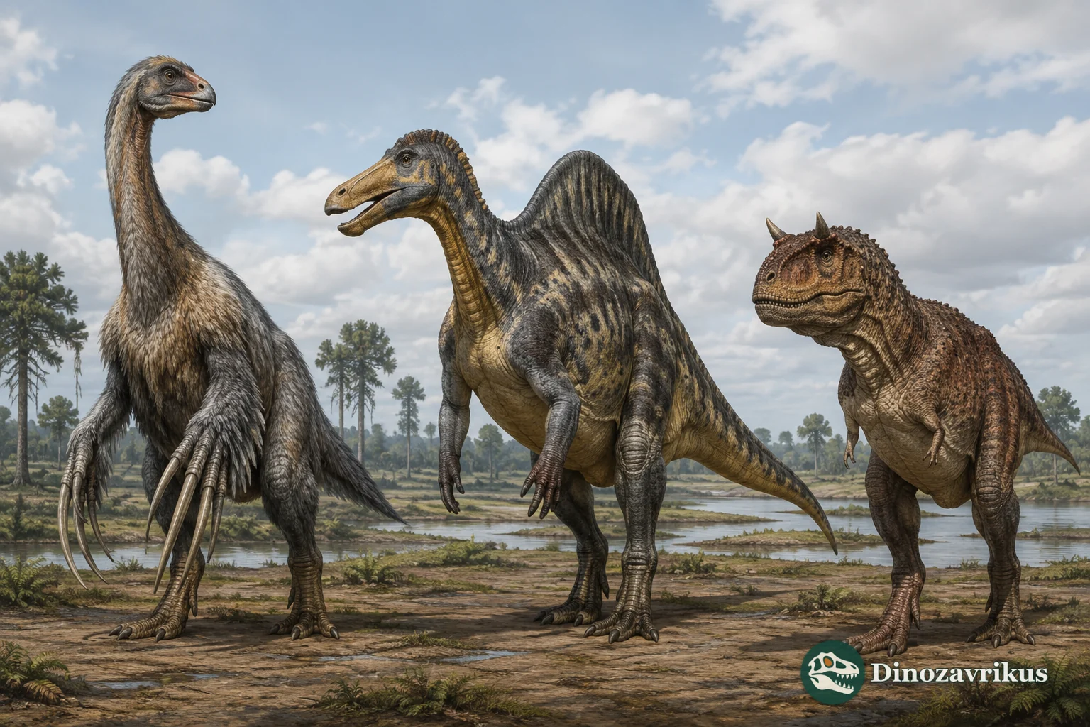 Therizinosaurus, Deinocheirus and Carnotaurus shown in a documentary-style comparison of unusual dinosaur anatomy