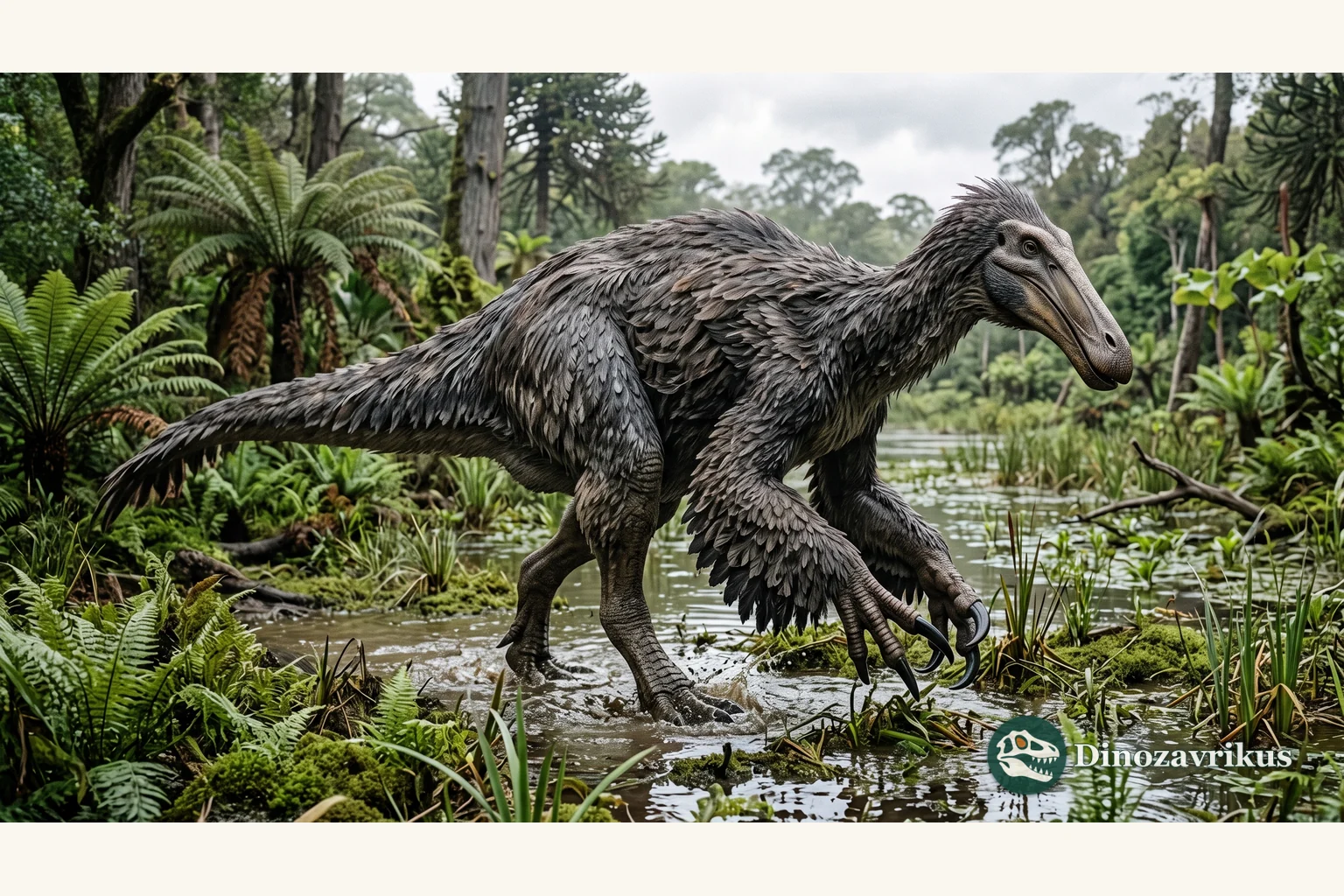Deinocheirus reconstructed with its broad bill and long forelimbs