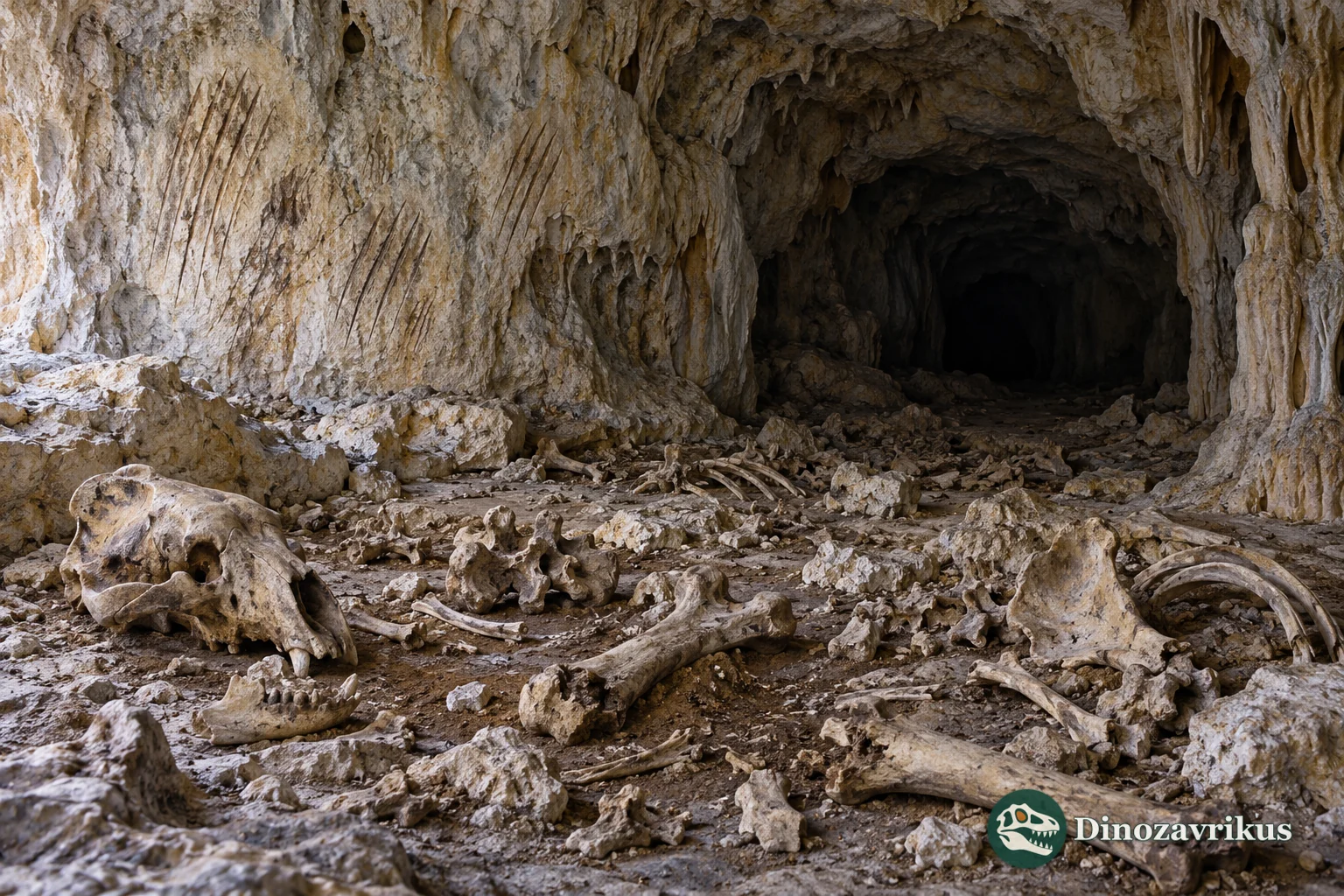 Artistic reconstruction of cave bear bones accumulating in a karst cavity