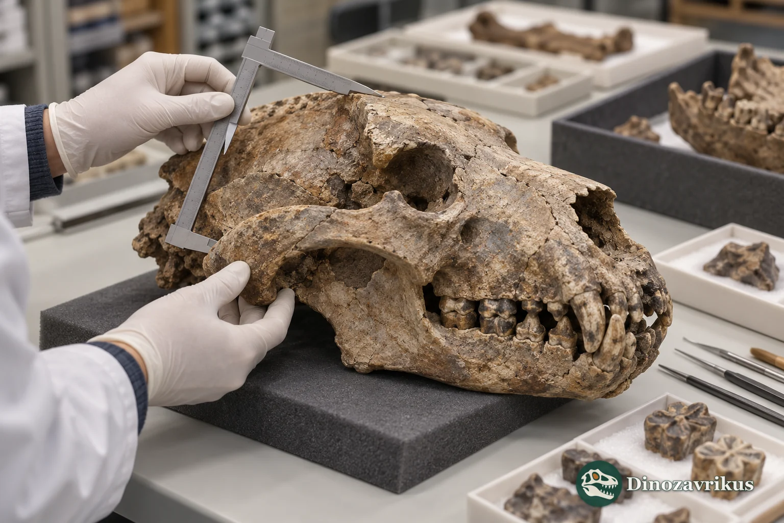 Illustrative study of a cave bear skull in a palaeontology collection