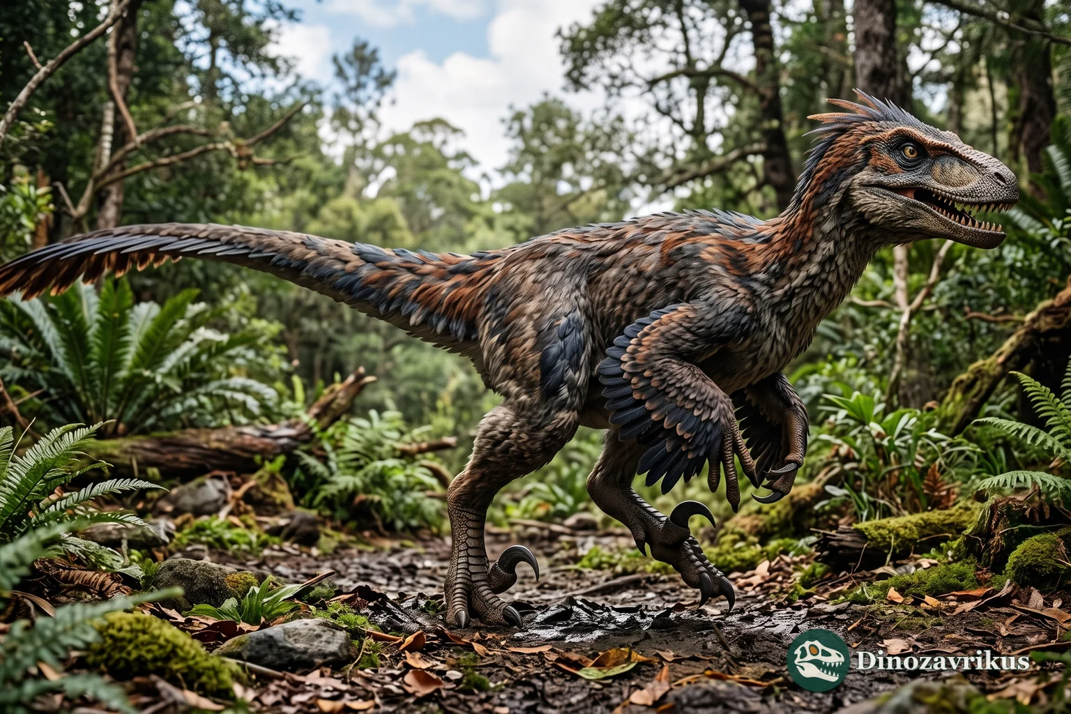 Feathered reconstruction of Utahraptor in a forested landscape