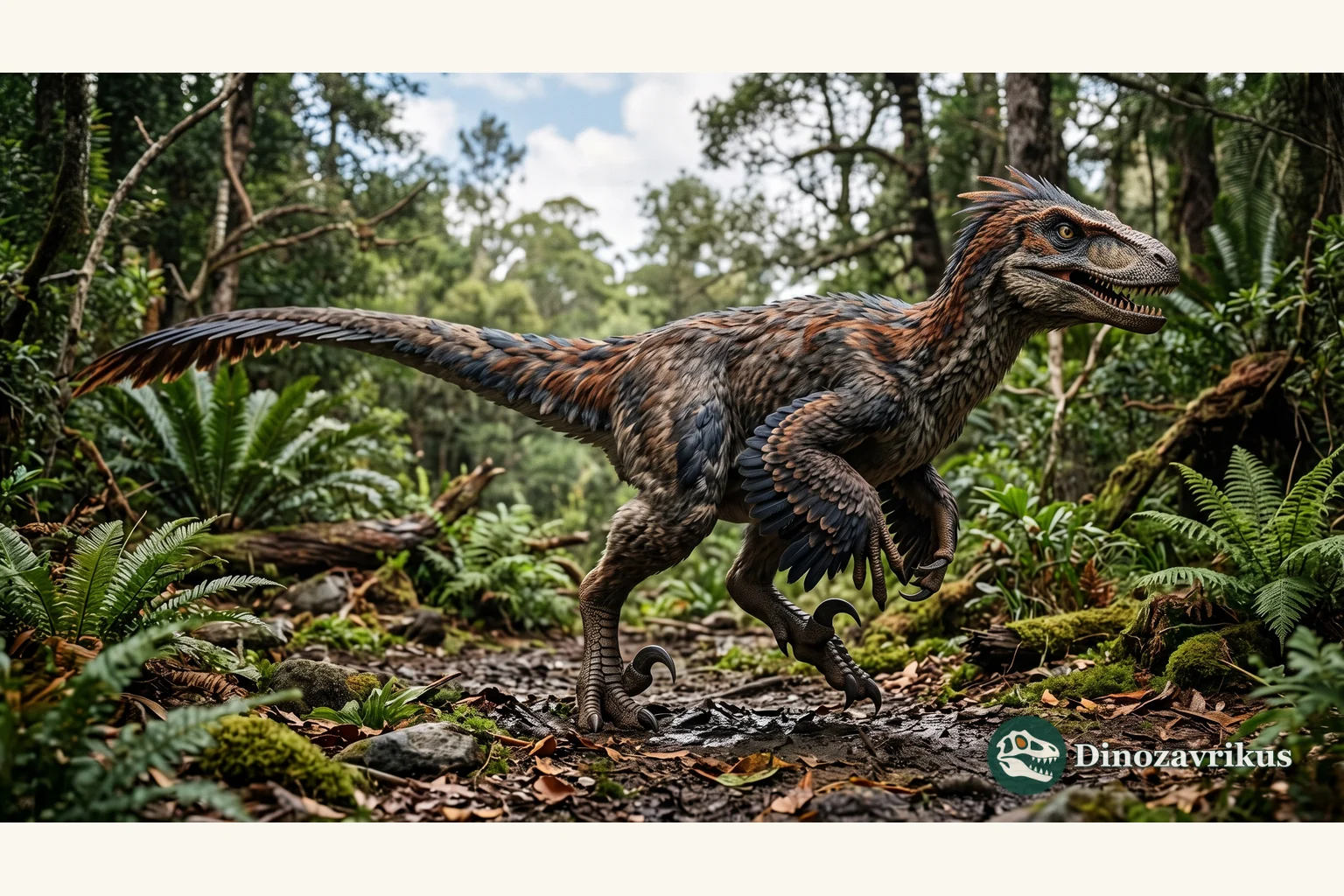 Feathered reconstruction of Utahraptor in a forested landscape