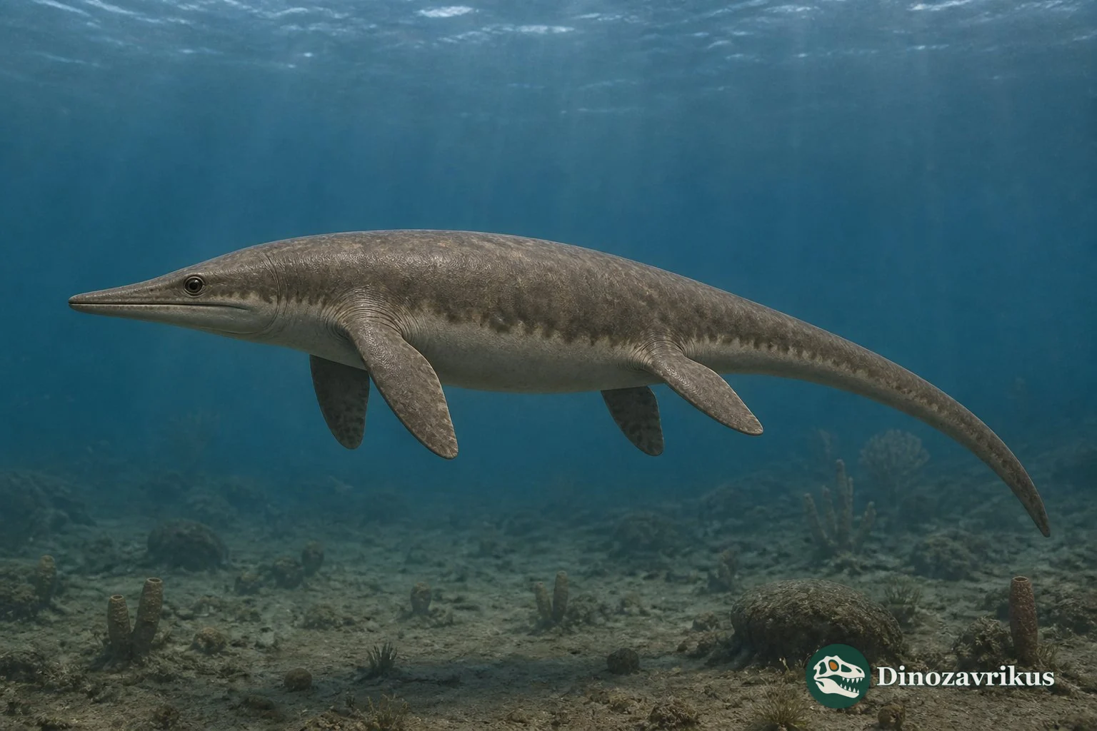 Utatsusaurus swimming through an Early Triassic coastal sea