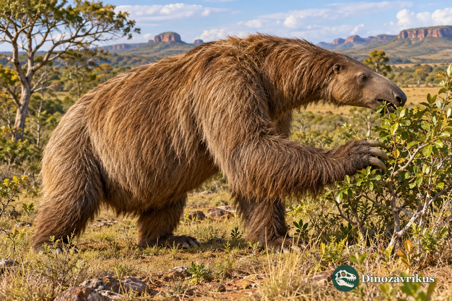 Artistic reconstruction of Valgipes browsing in a Pleistocene South American savanna woodland